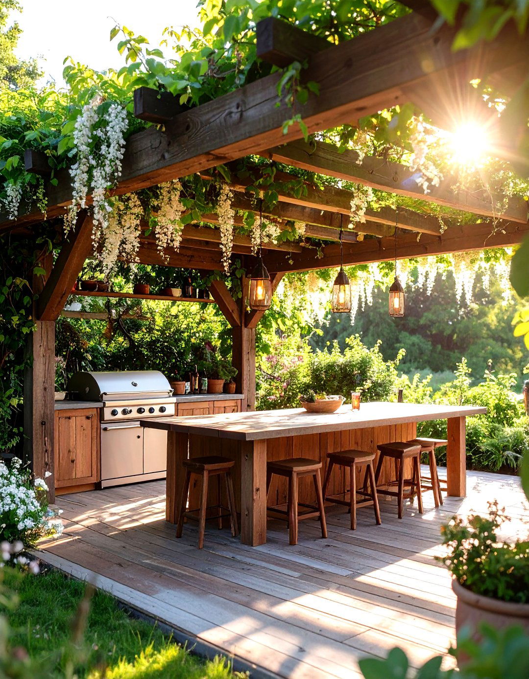 Classic Pergola Roof Dressed in Climbing Vines - 25 outdoor kitchen roof ideas