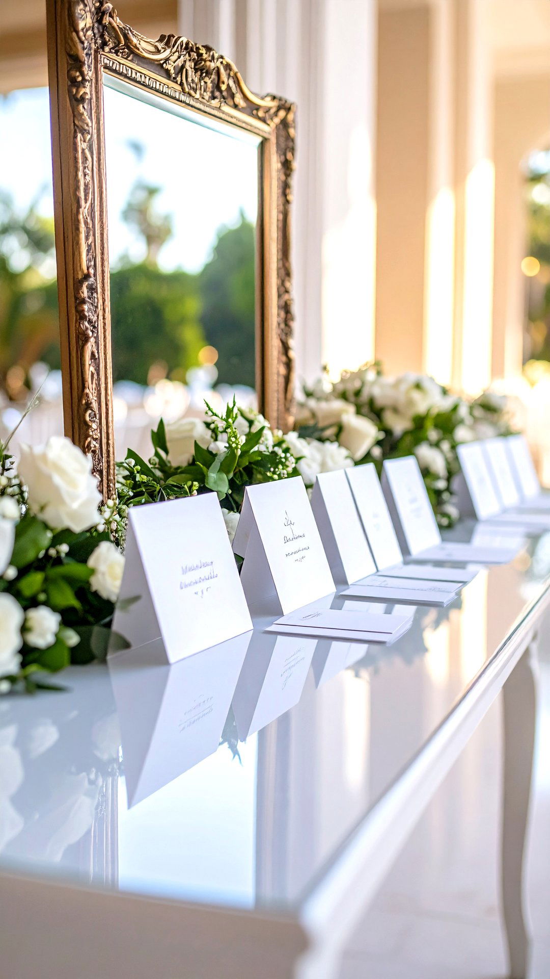Classic Wedding Escort Card Display on Vintage Mirror - 25 classic wedding ideas