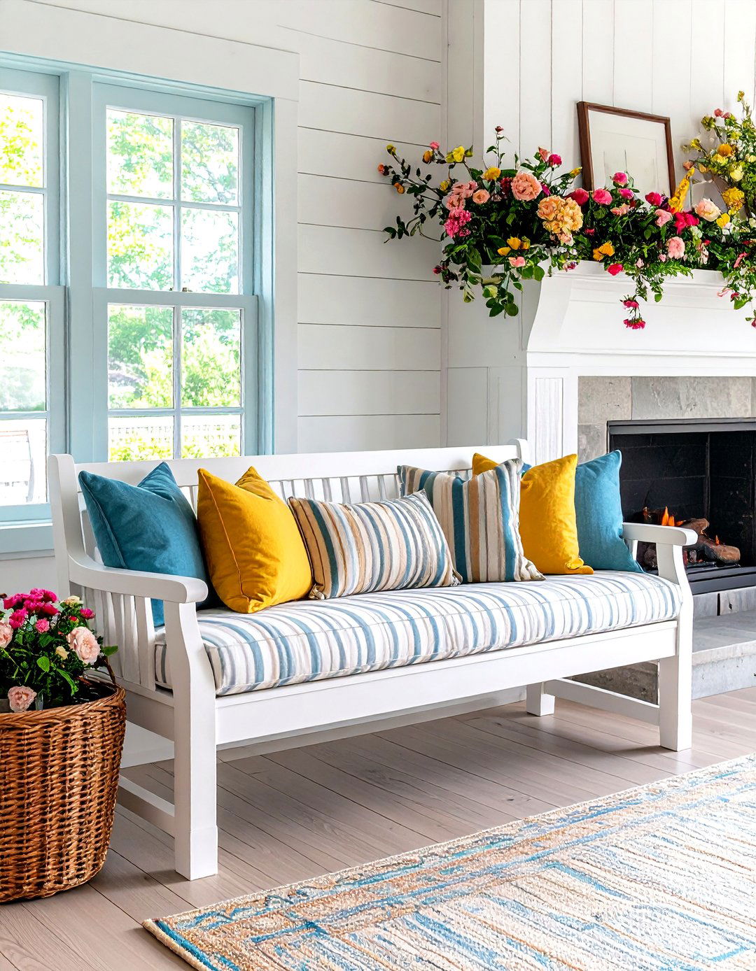 Classic White Shiplap Bench for Coastal Cottage Hearths - 25 fireplace bench ideas