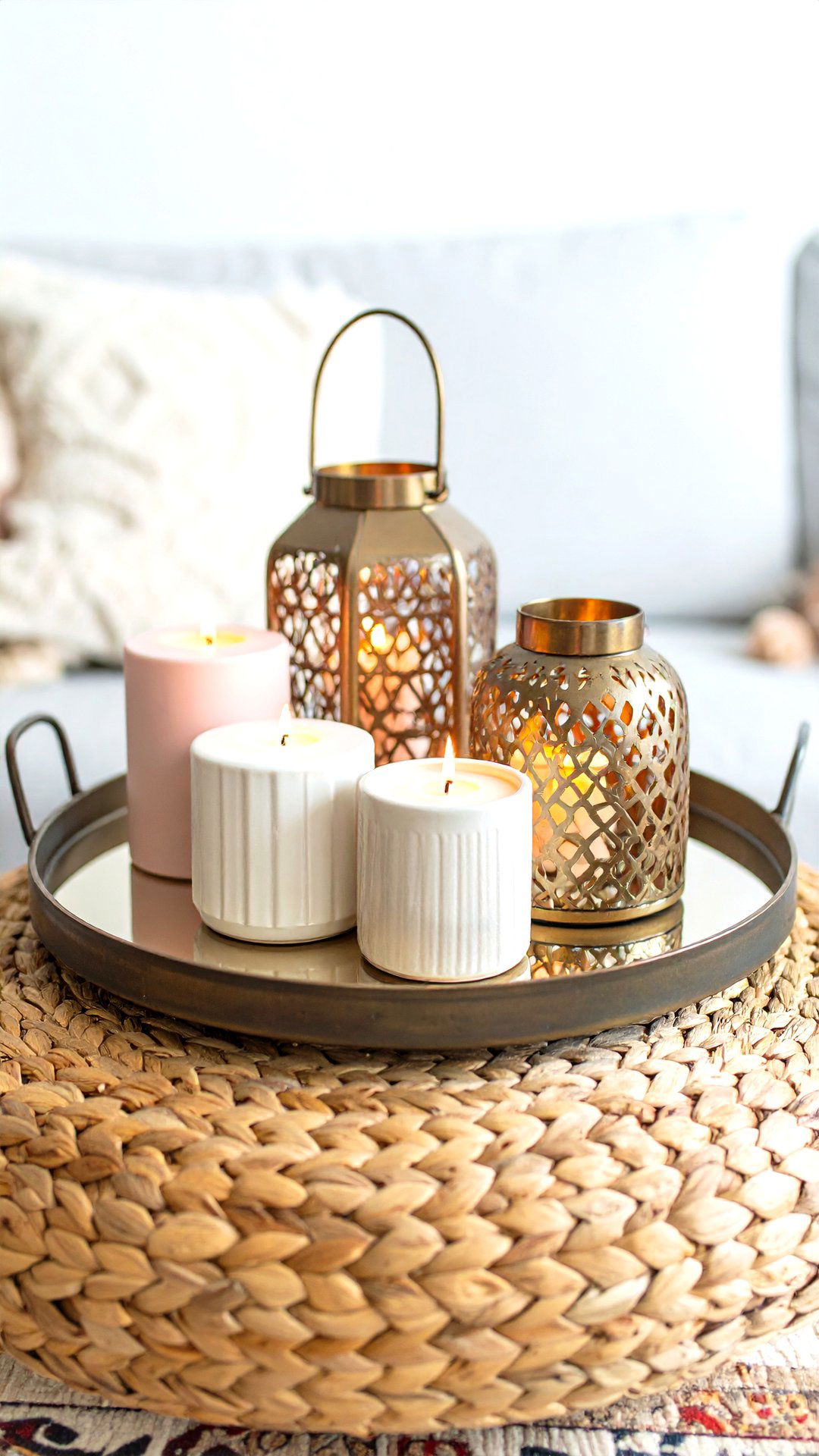 Cluster Artisan Candles and Lanterns in the Boho Living Room - 25 colorful boho living room ideas