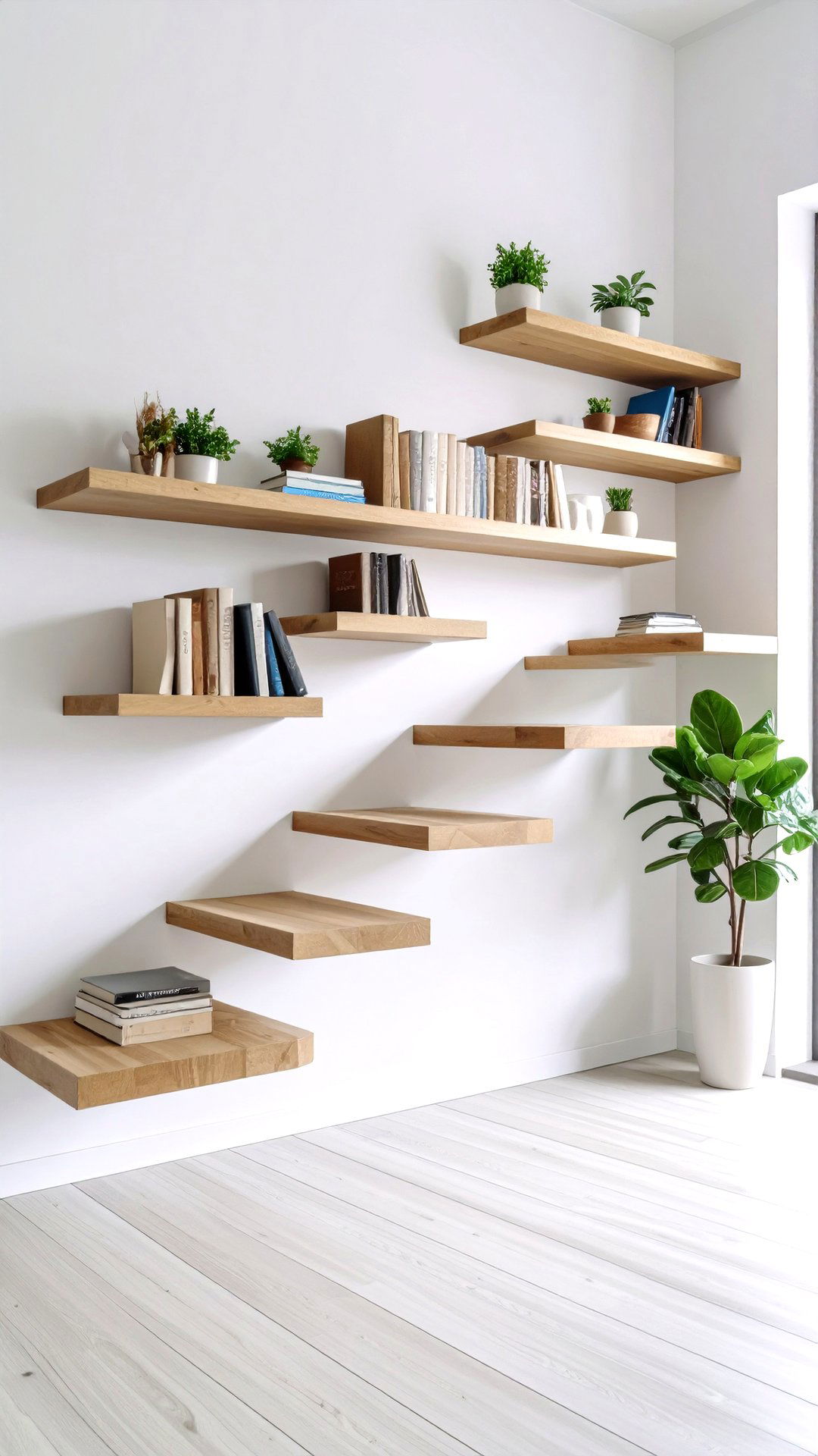 Cluster Floating Shelves for Organic Asymmetrical Balance - 25 asymmetrical balance interior design ideas