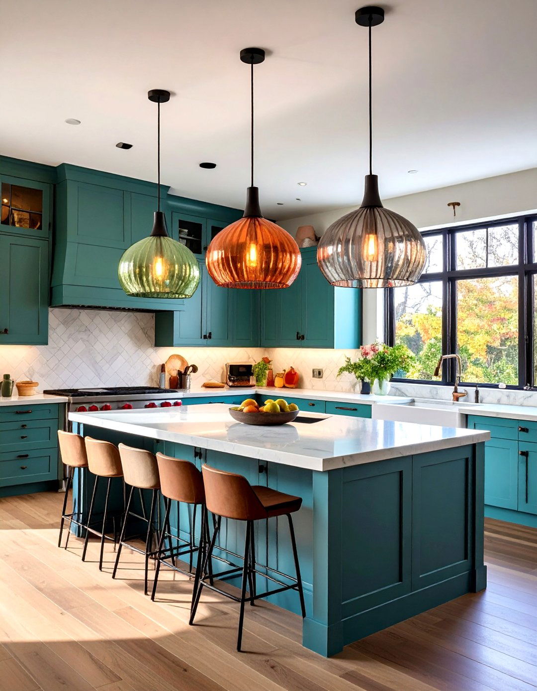 Cluster Sculptural Pendants Above the Island - 25 open kitchen ideas
