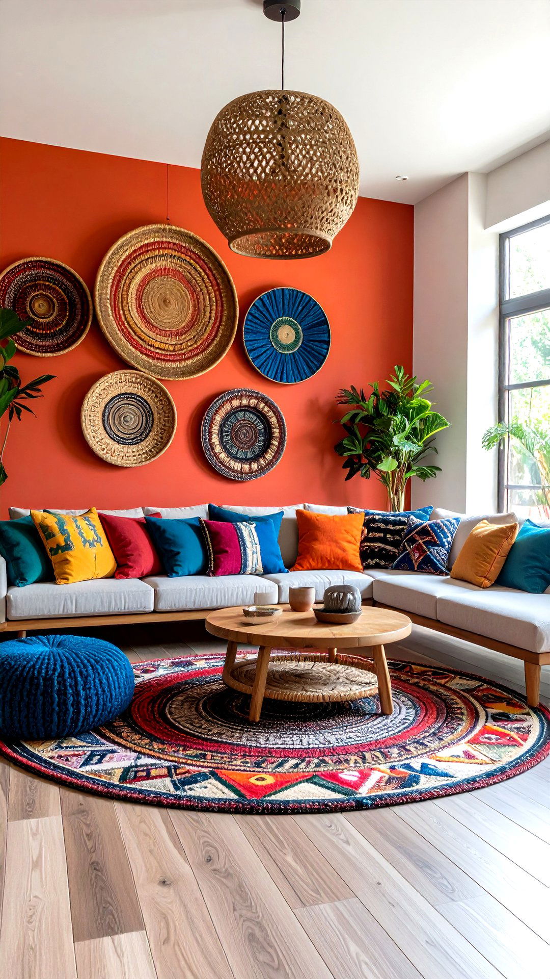 Cluster Woven Wall Baskets in Your Boho Living Room - 25 colorful boho living room ideas