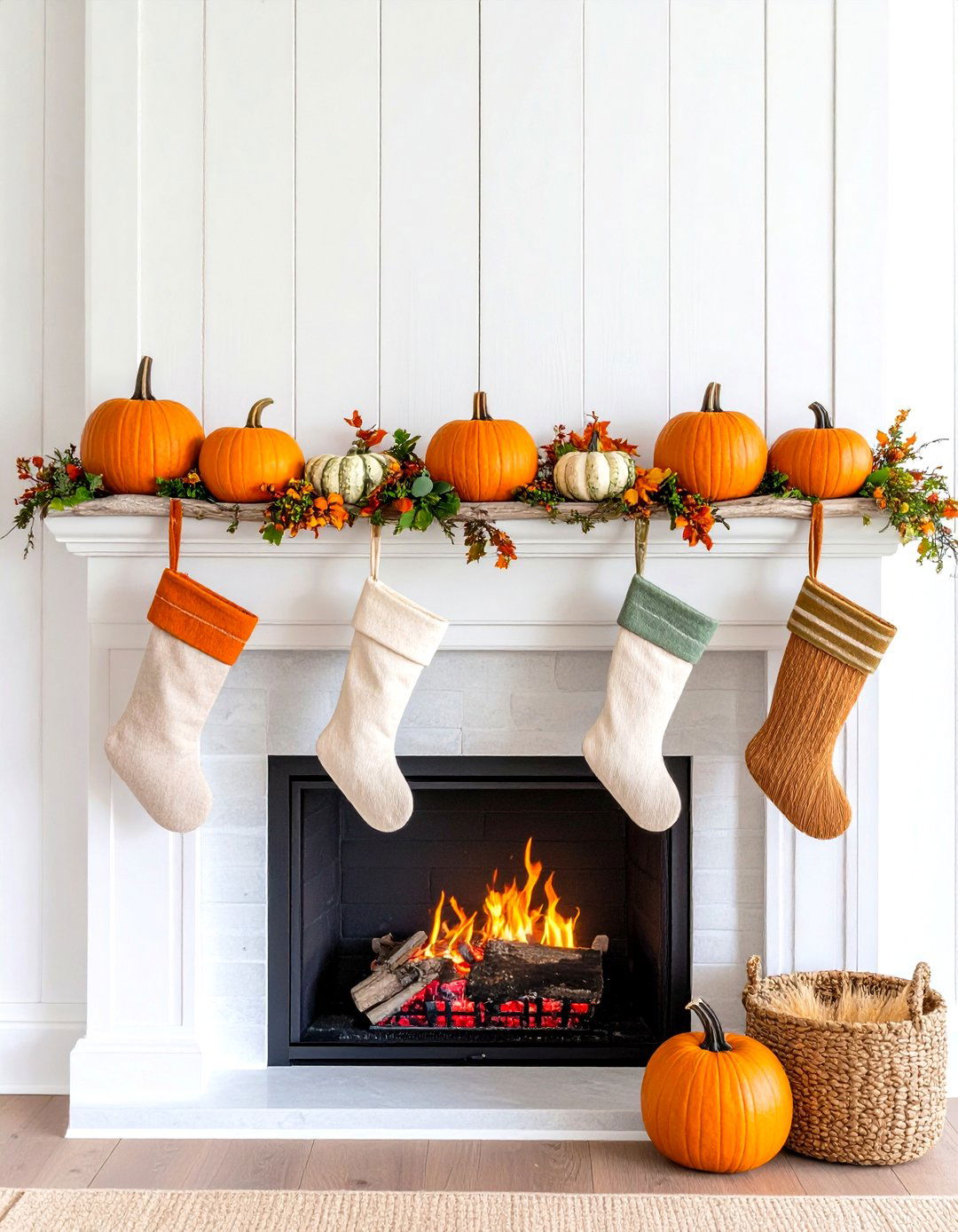 Coastal Driftwood and Muted Pumpkins Mantel - 25 fall mantel decor ideas