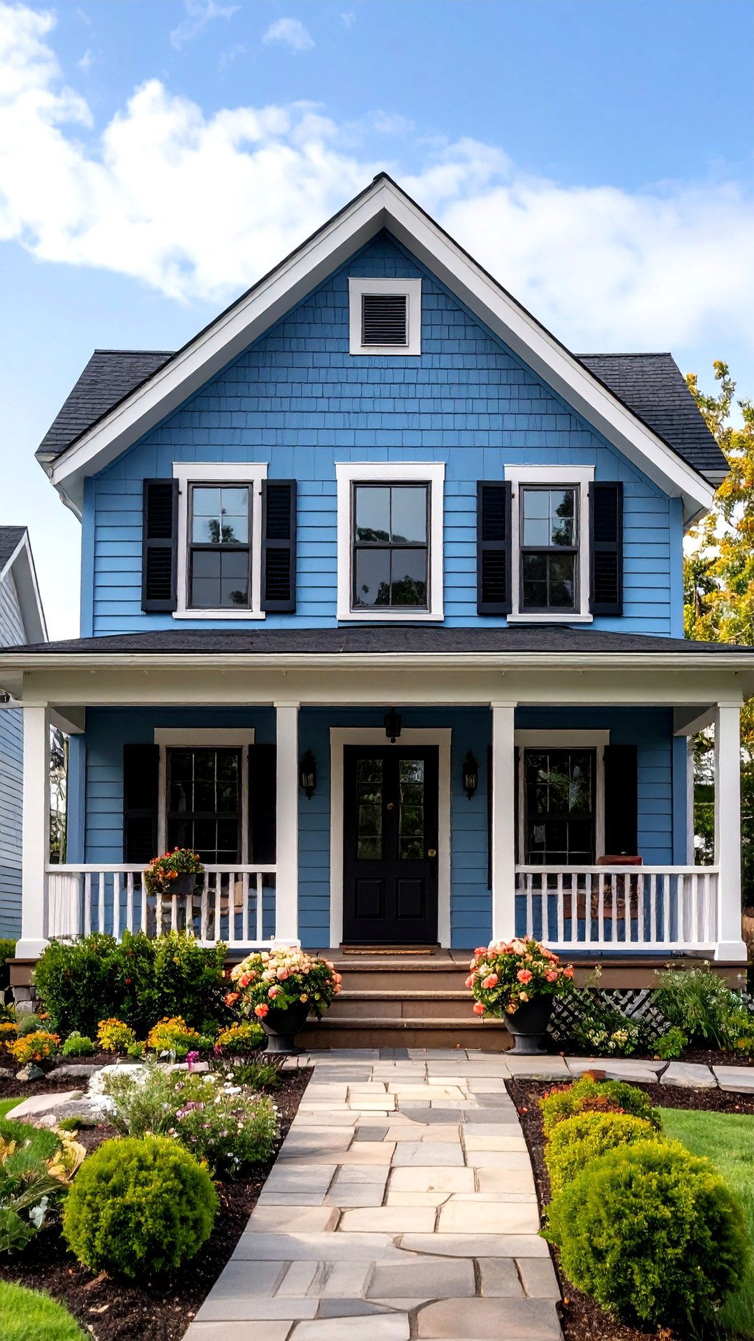 Coastal Powder Blue Cottage with Matte Black Accents - 25 blue house with black trim ideas