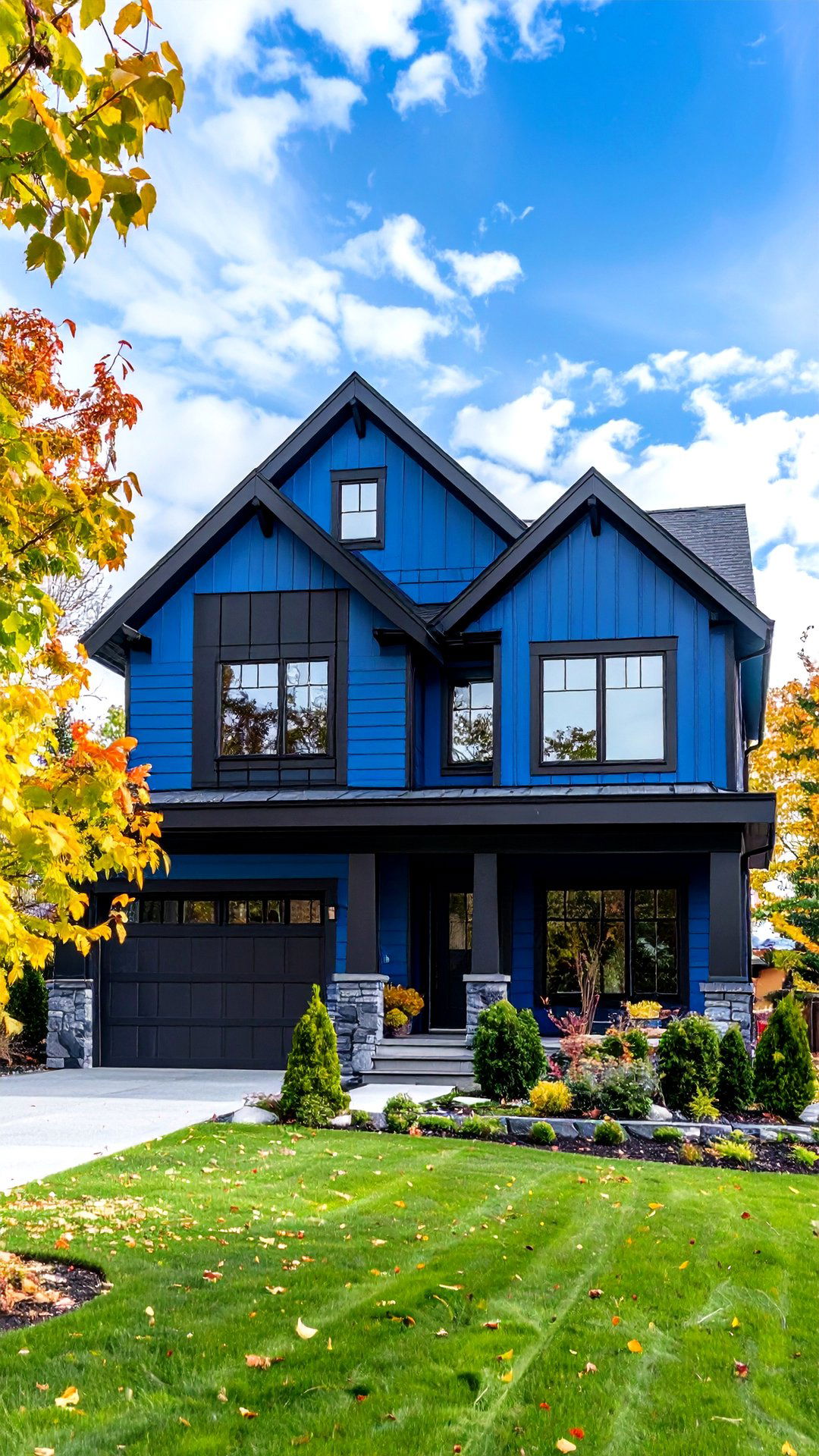 Cobalt Blue House Split Level with Black Accent Panels - 25 blue house with black trim ideas