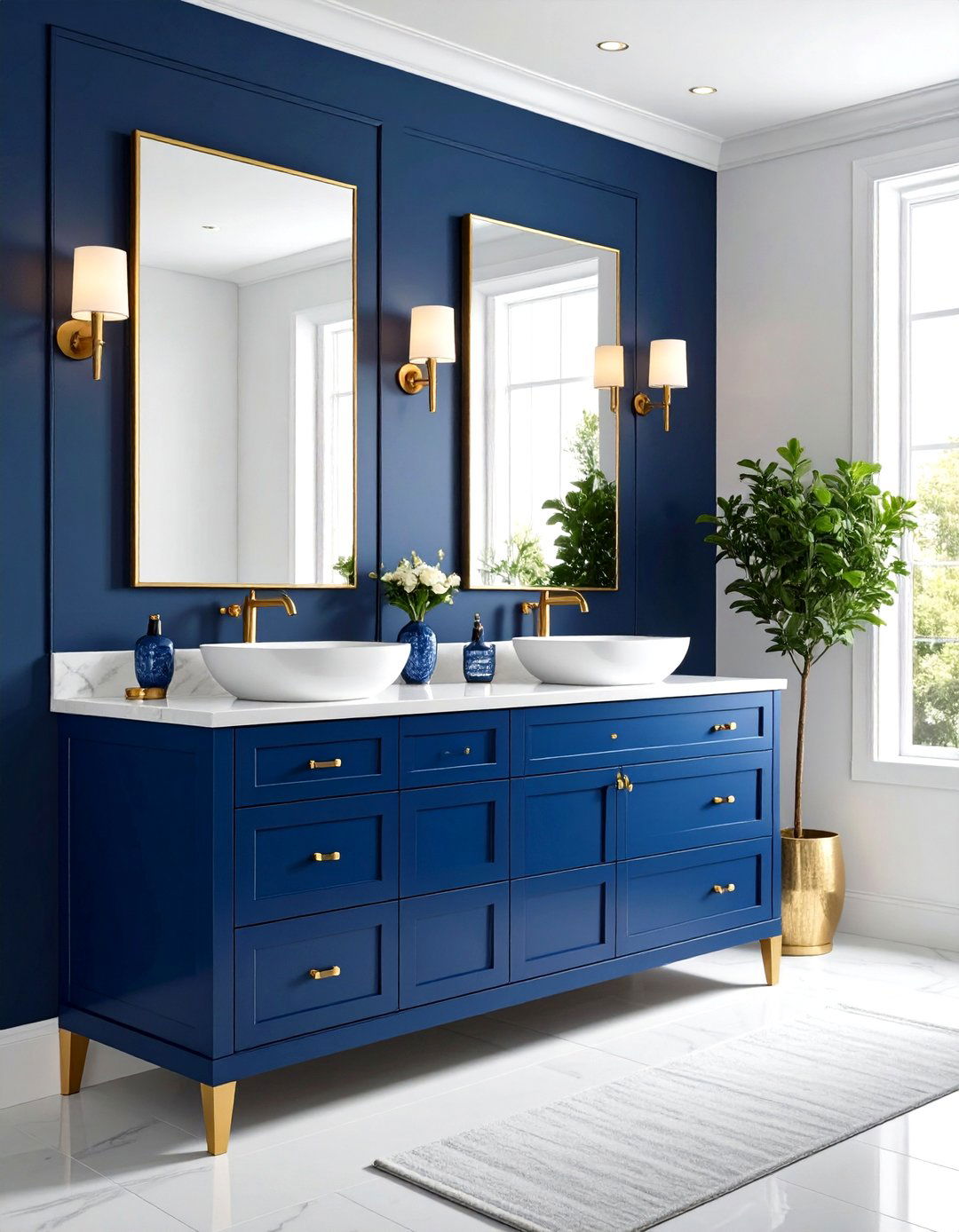 Cobalt Vanity Bathroom with Soft Gold Hardware - 25 blue and gold bathroom ideas