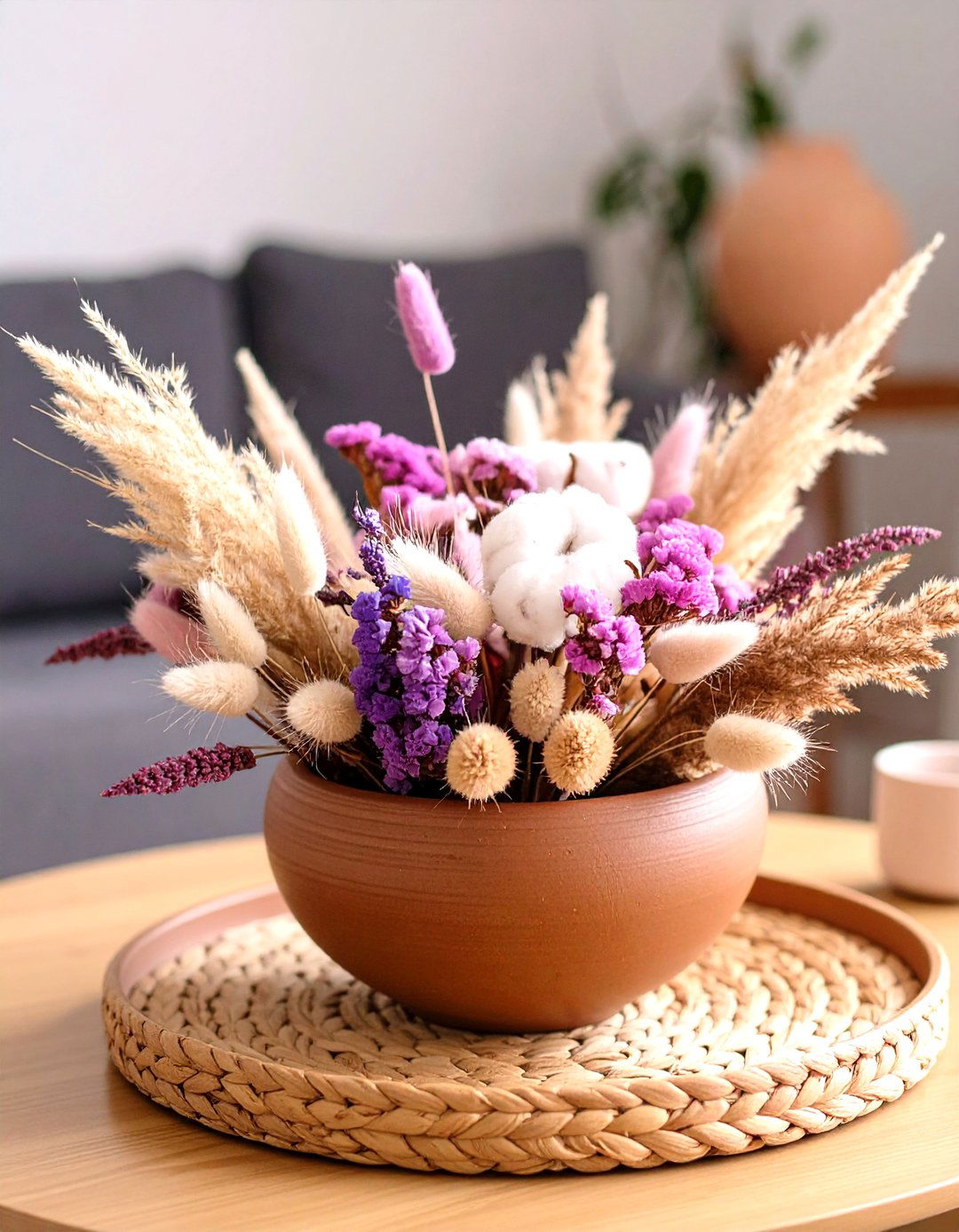 Coffee Table Dried Bouquet Mixing Pampas Grass and Statice - 25 pampas grass decor ideas