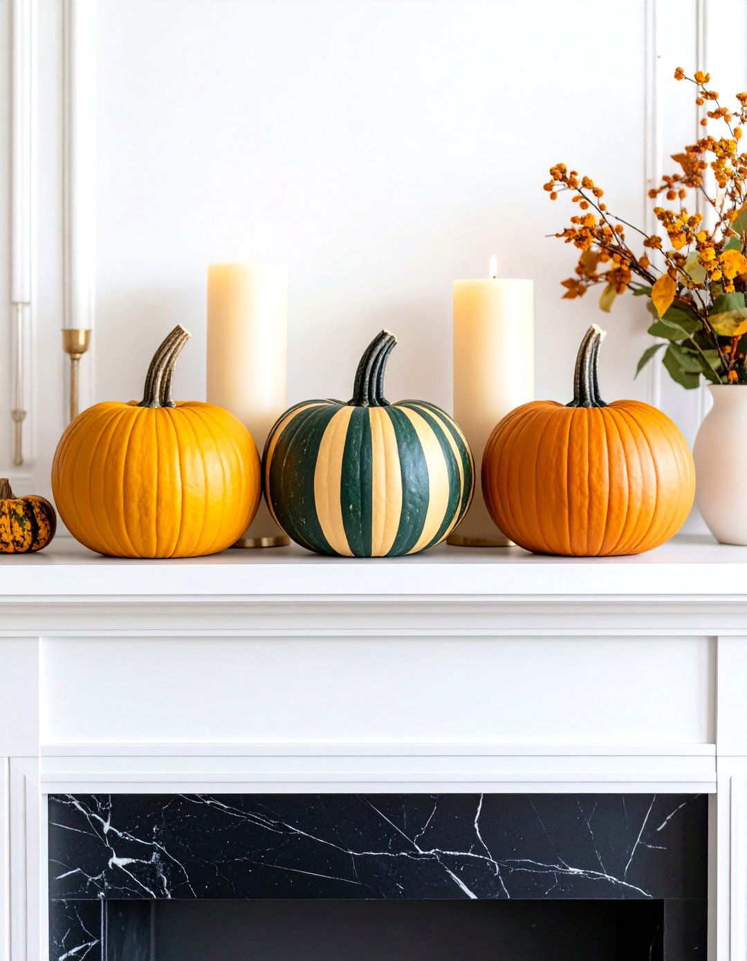 Color Block Pumpkin Trio Mantel - 25 fall mantel decor ideas