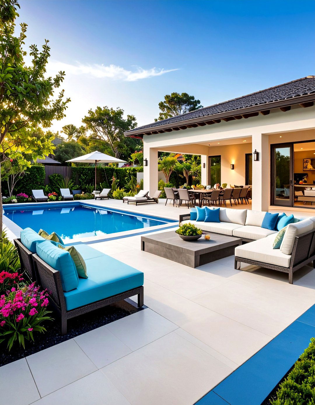 Color Blocked Lounge and Dining Zones Painted Concrete Patio - 25 painted concrete patio ideas