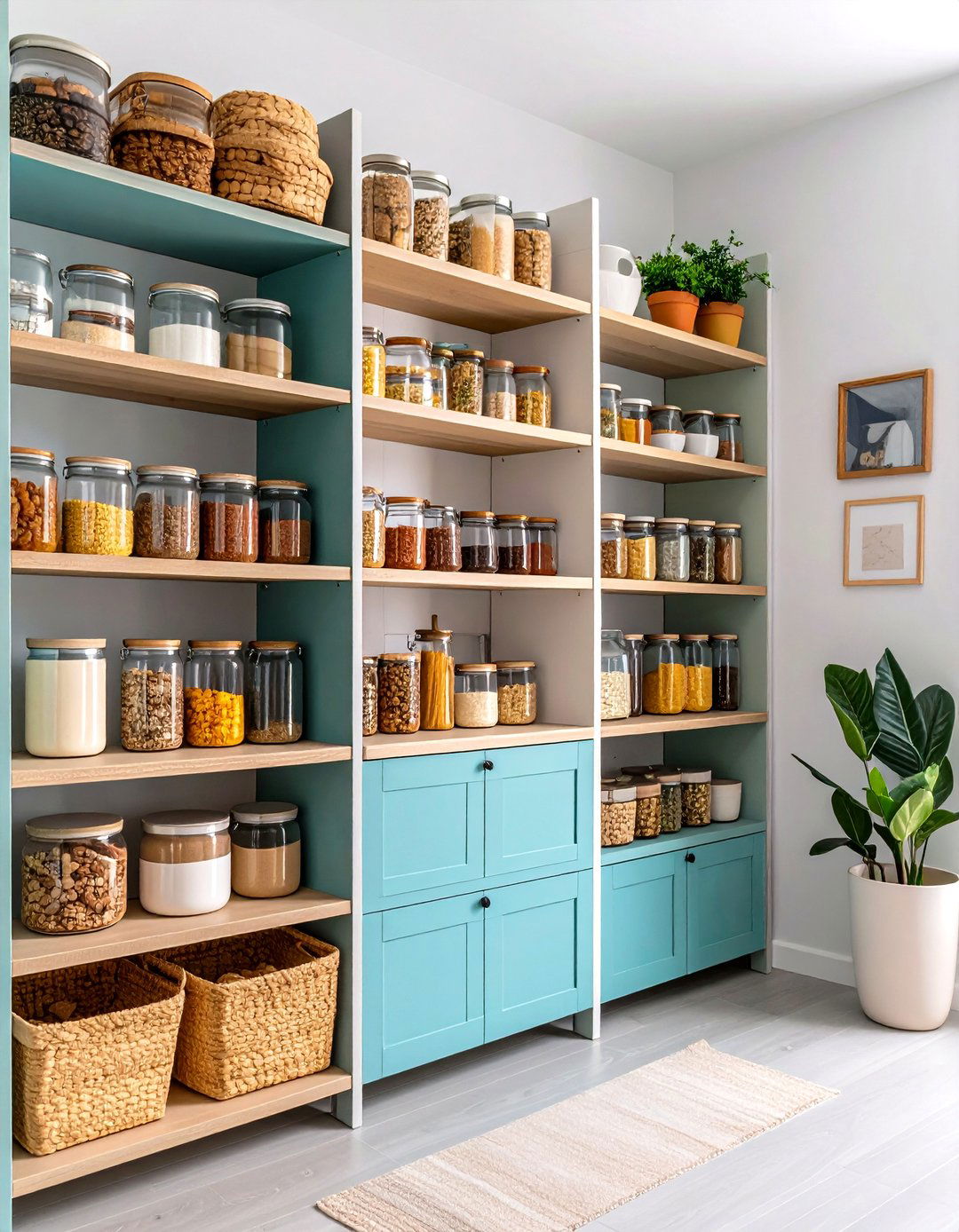 Color Blocked Open Shelving Adds Instant Order - 25 pantry shelving ideas