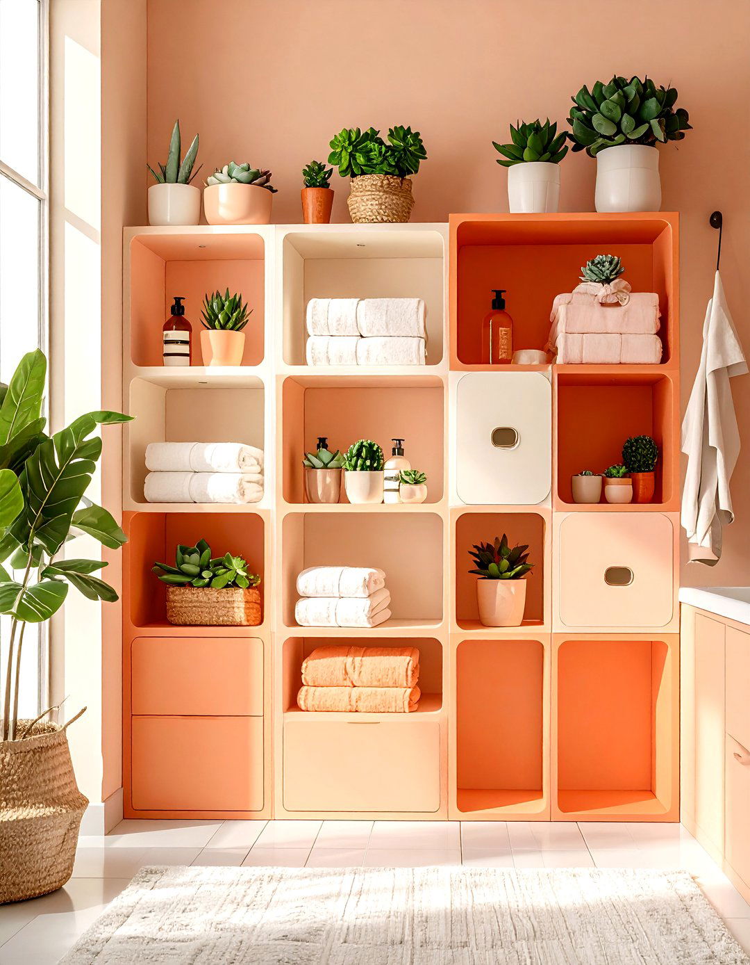 Color Blocking Storage Cubes - 25 orange bathroom ideas