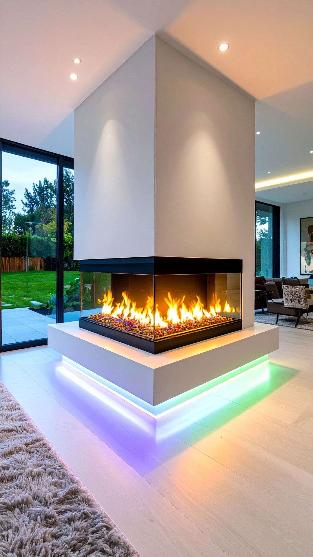Color Changing LED Backlit Sided Fireplace - 25 3 sided fireplace ideas