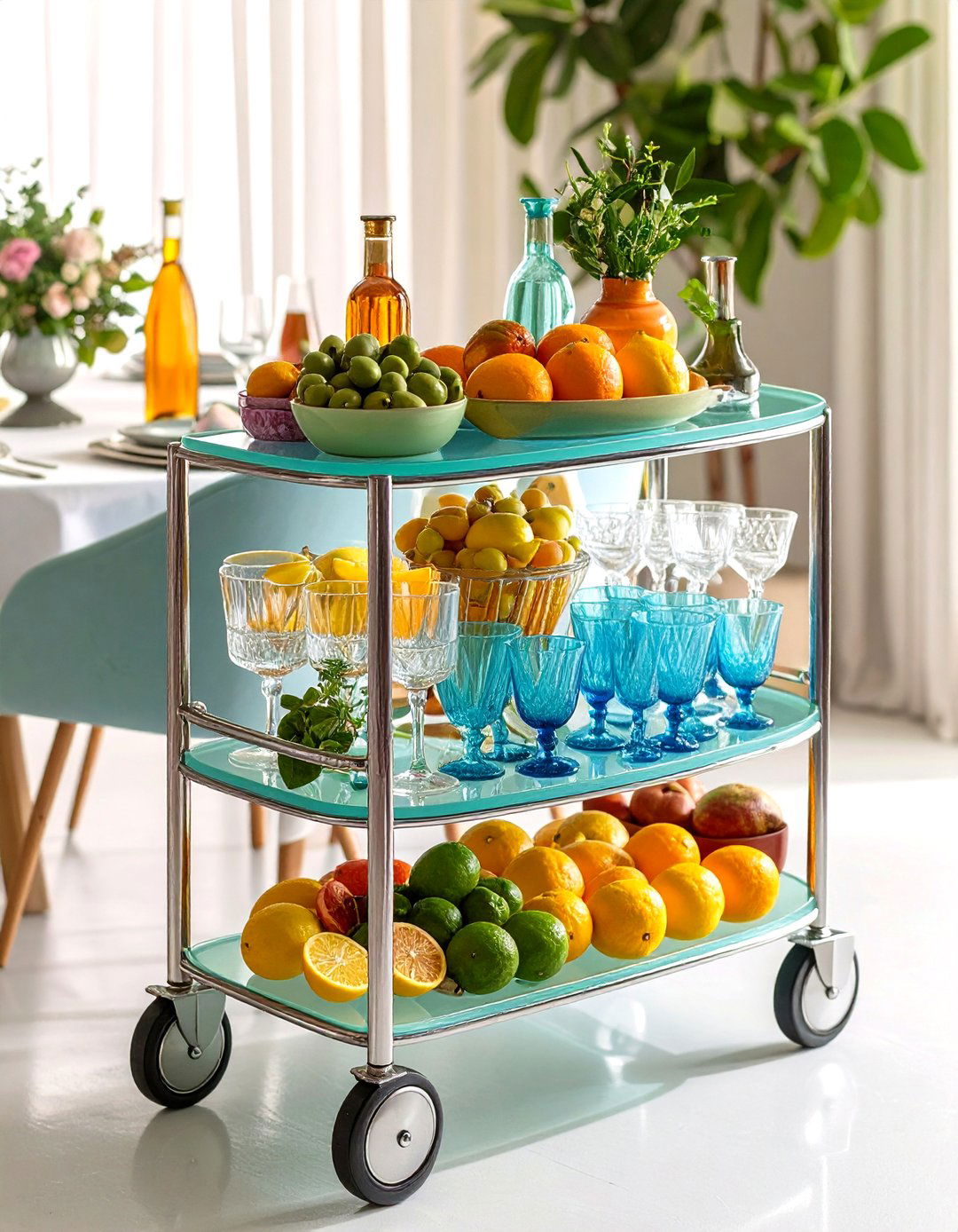 Colored Glass Bar Carts Spark Entertaining Joy - 25 70s dining room design ideas