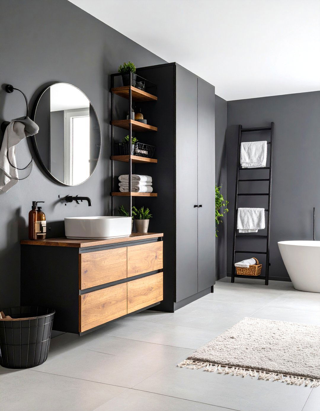 Compact Layouts Benefit from Vertical Black and Wood Bathroom Storage - 25 black and wood bathroom ideas