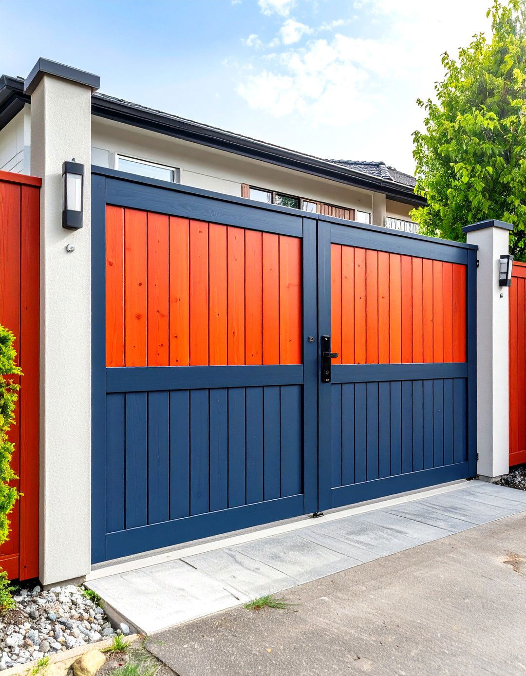Composite Wood Fence Gate With Bold Color Accents - 25 Fence Gate Ideas