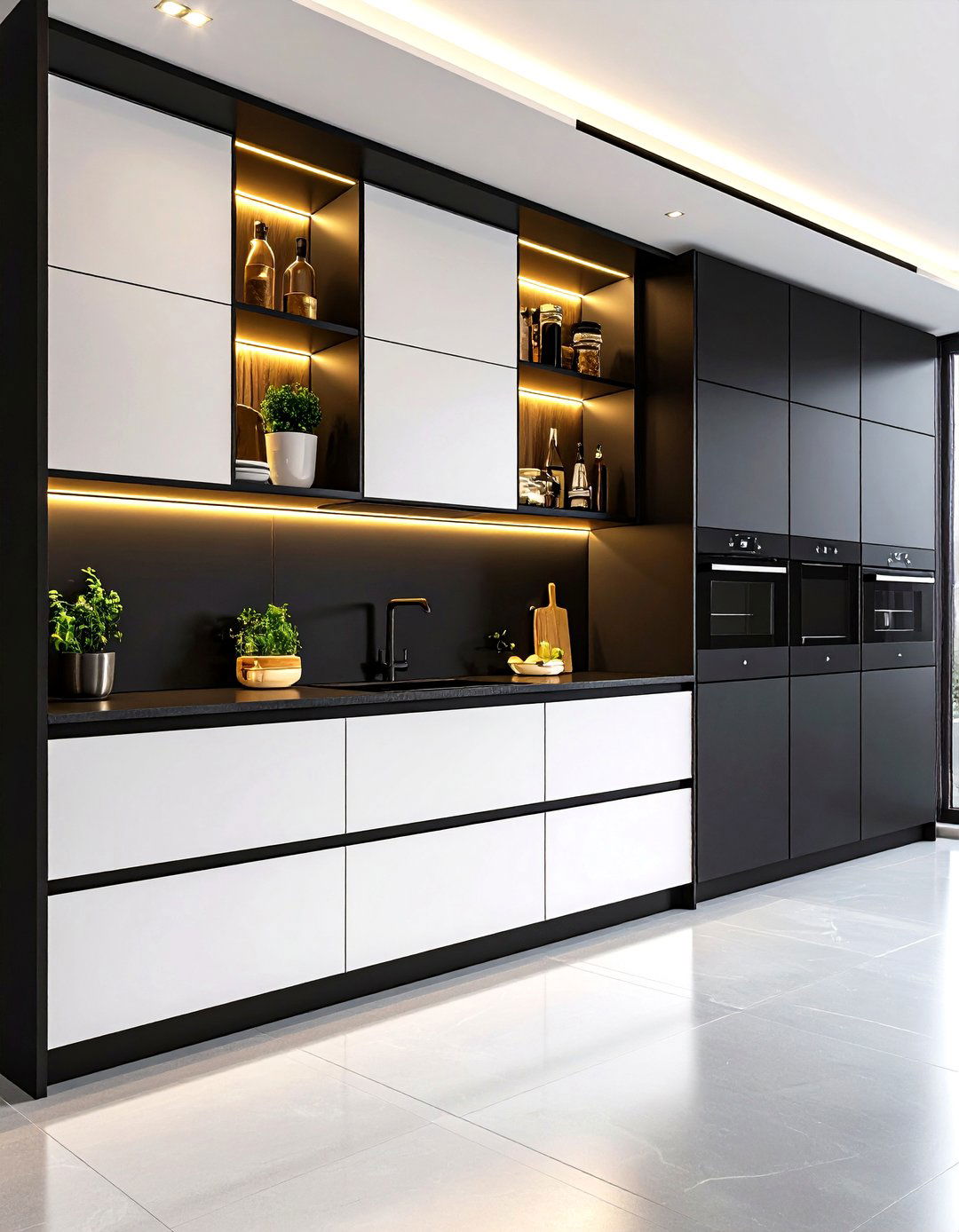 Concealed Black Pantry Wall for Seamless Storage - 25 black and white kitchen ideas