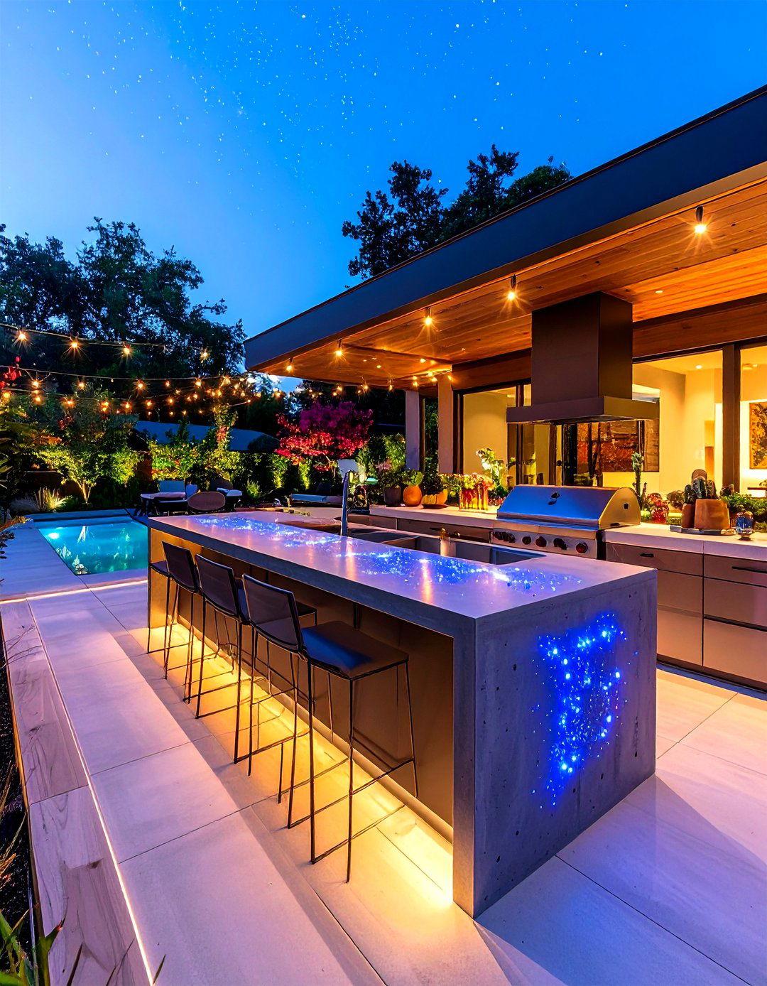 Concrete Countertop with Embedded Fiber Optic Lighting - 25 outdoor kitchen countertop ideas