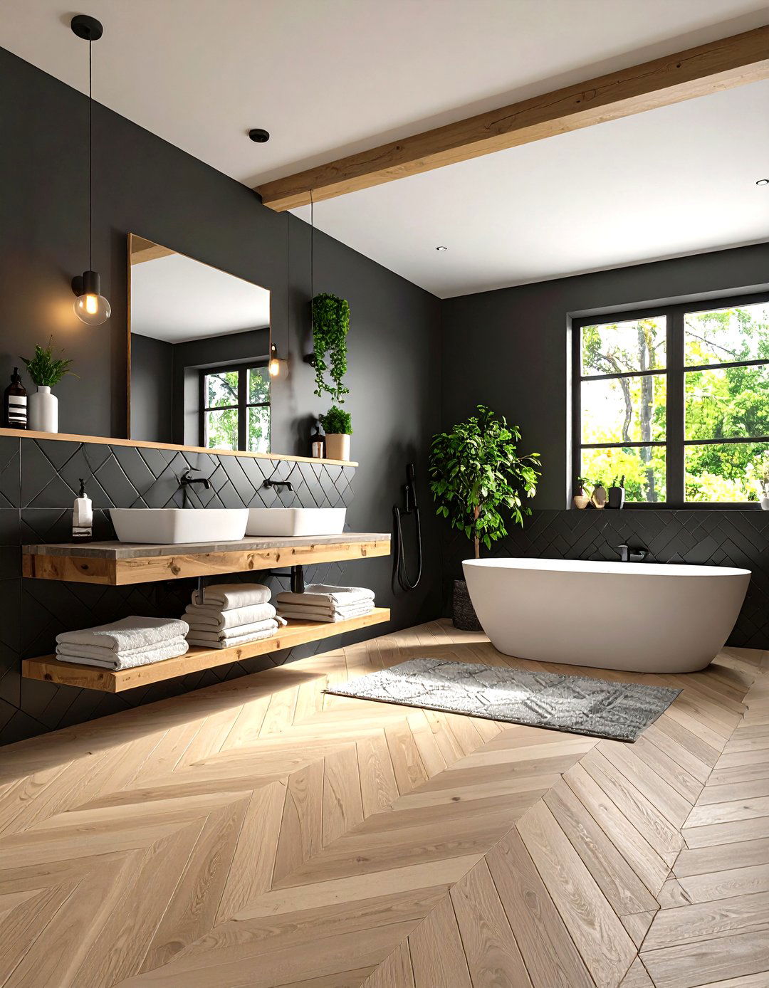 Contrasting Grout Highlights Pattern in Black and Wood Bathrooms - 25 black and wood bathroom ideas