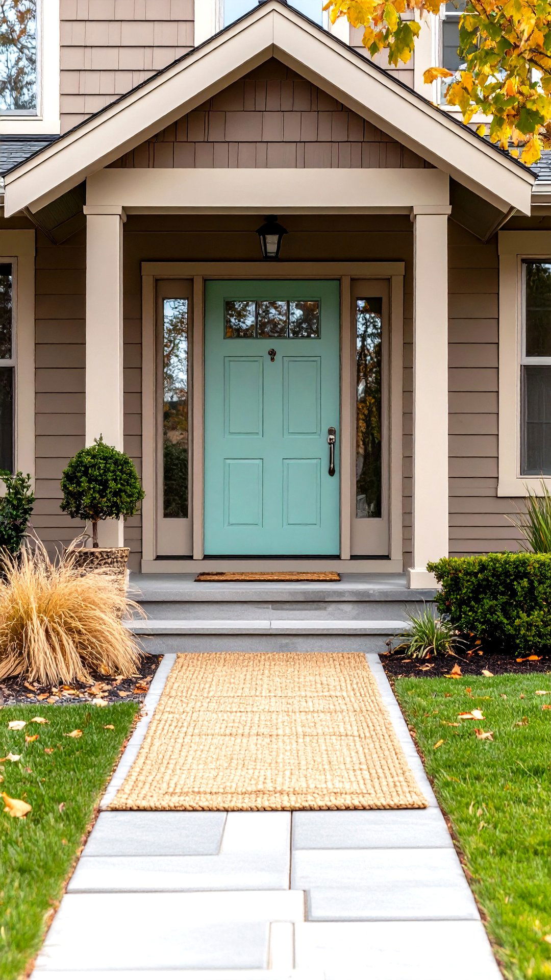 Cool Mint Front Door Refreshes a Brown House - 25 brown house front door colors