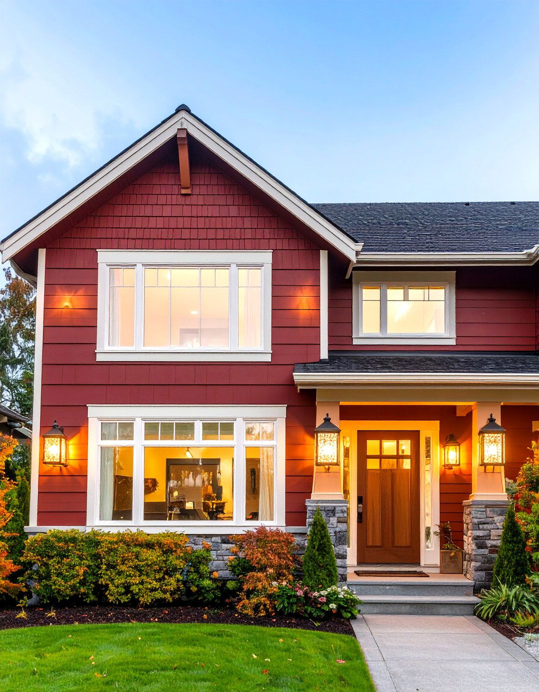 Copper Finish Light Fixtures Provide Night Time Drama - 25 dark red house exterior ideas