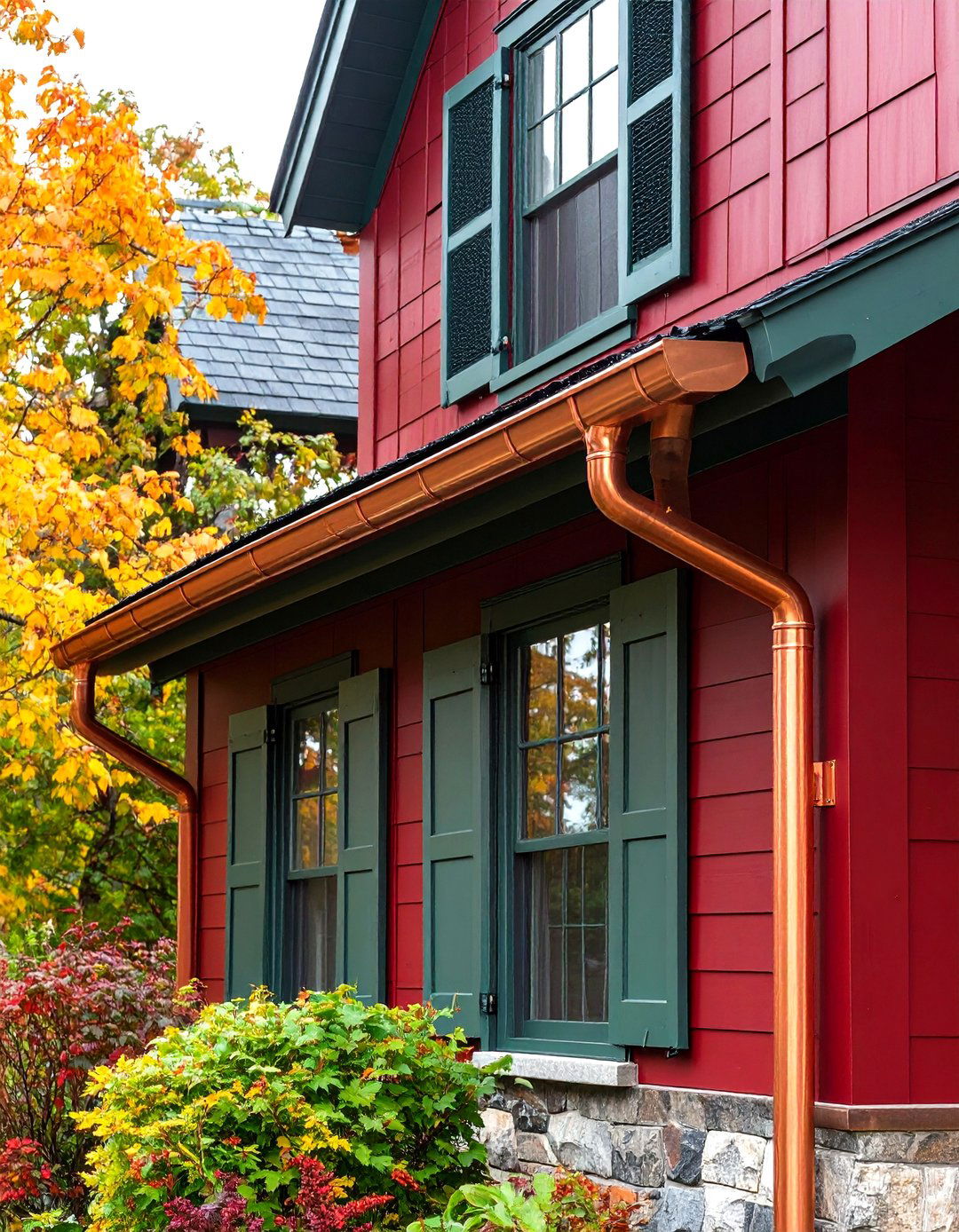 Copper Gutters Deliver Sophisticated Gleam - 25 dark red house exterior ideas