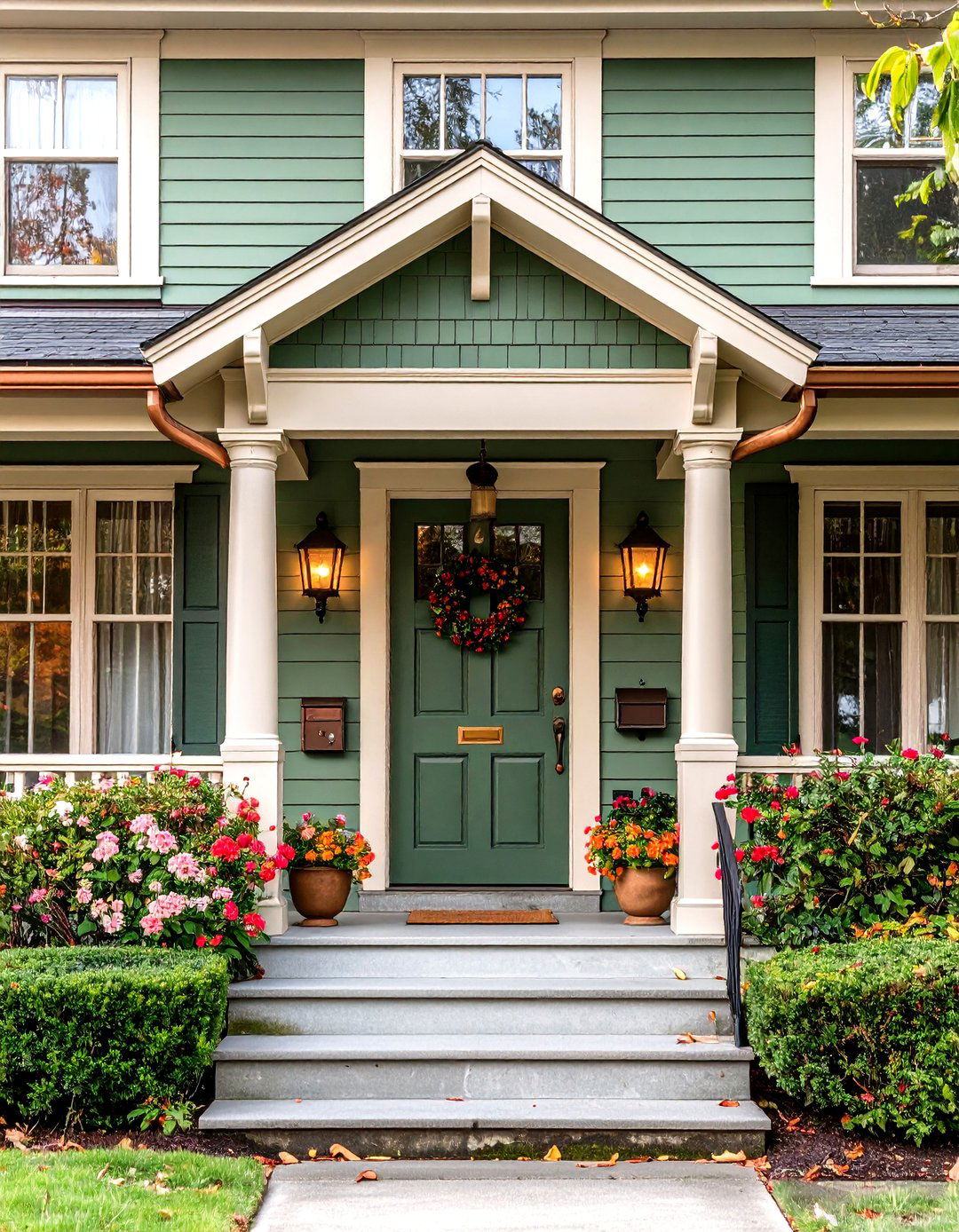 Copper Highlights Olive Siding Meets Metallic Gleam - 25 olive green house exterior ideas
