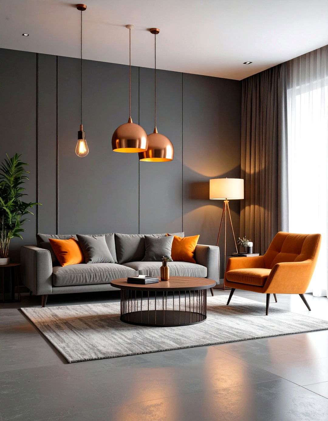 Copper Toned Lighting to Echo Orange in a Grey Palette - 25 orange and grey living room ideas