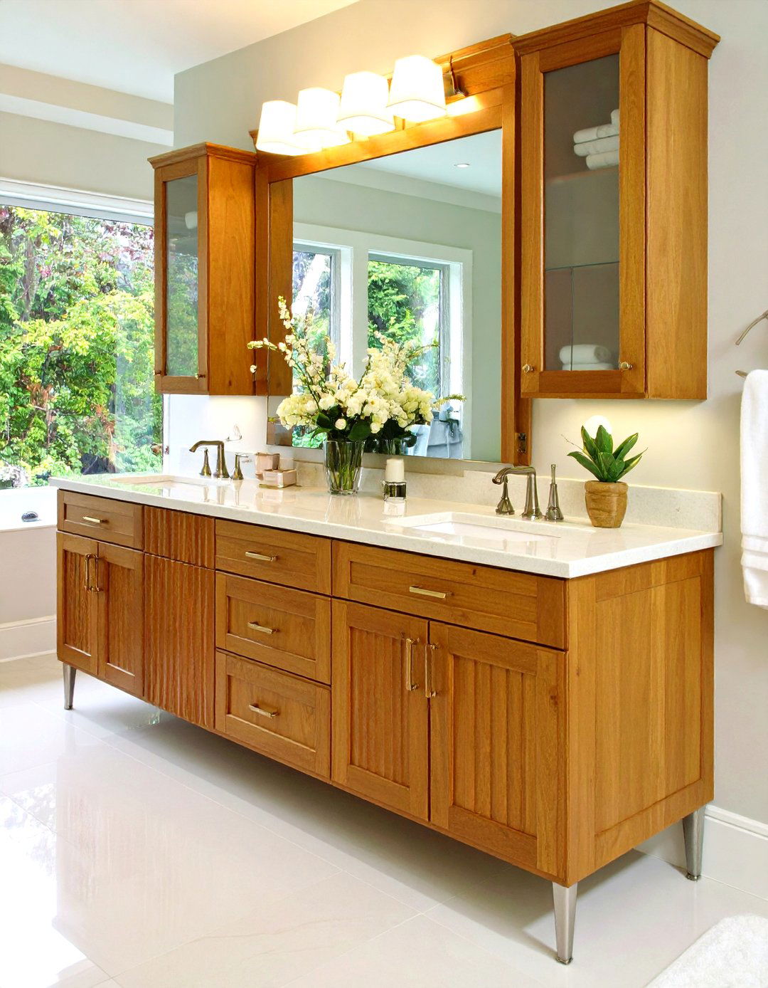 Corner Fluted Wood Bathroom Vanity Saves Precious Floor Space - 25 Wood Bathroom Vanity Ideas