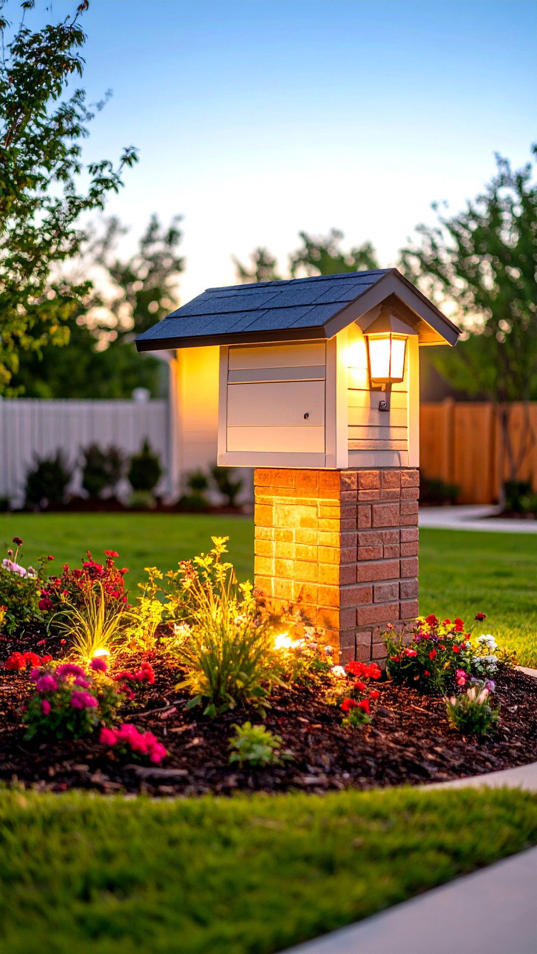 Corner Lot Brick Mailbox Illuminated by Ground Lights - 25 brick mailbox ideas