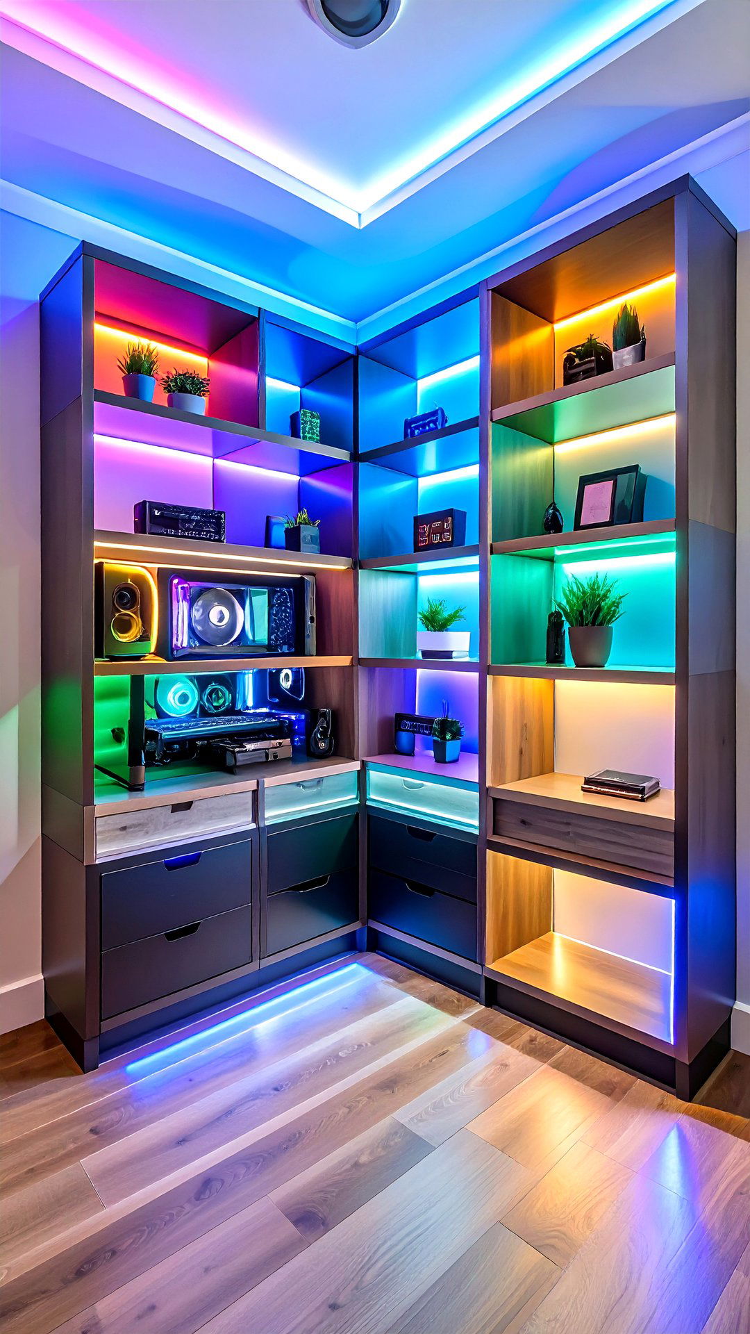 Corner Shelf with RGB LED Backlighting for Mood Setting - 25 corner shelf ideas
