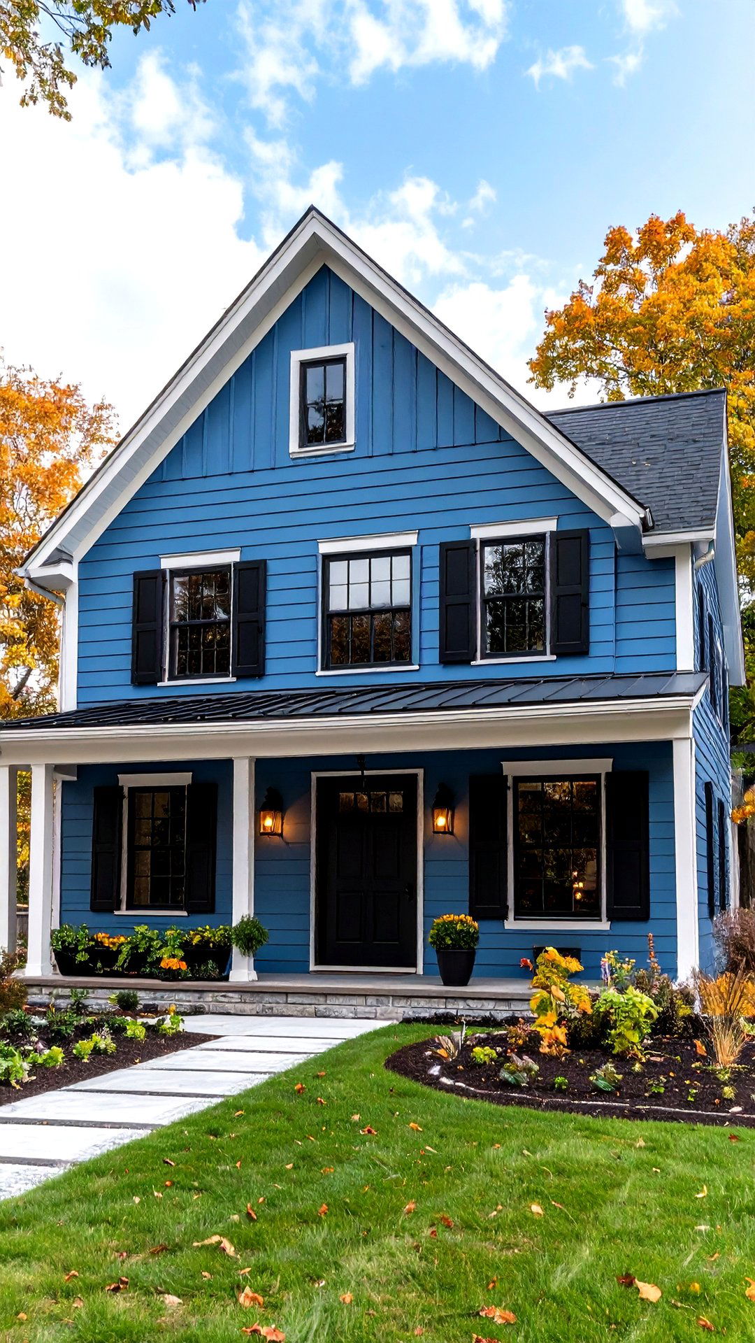 Cornflower Blue Farmhouse with Black Louvered Shutters - 25 blue house with black trim ideas