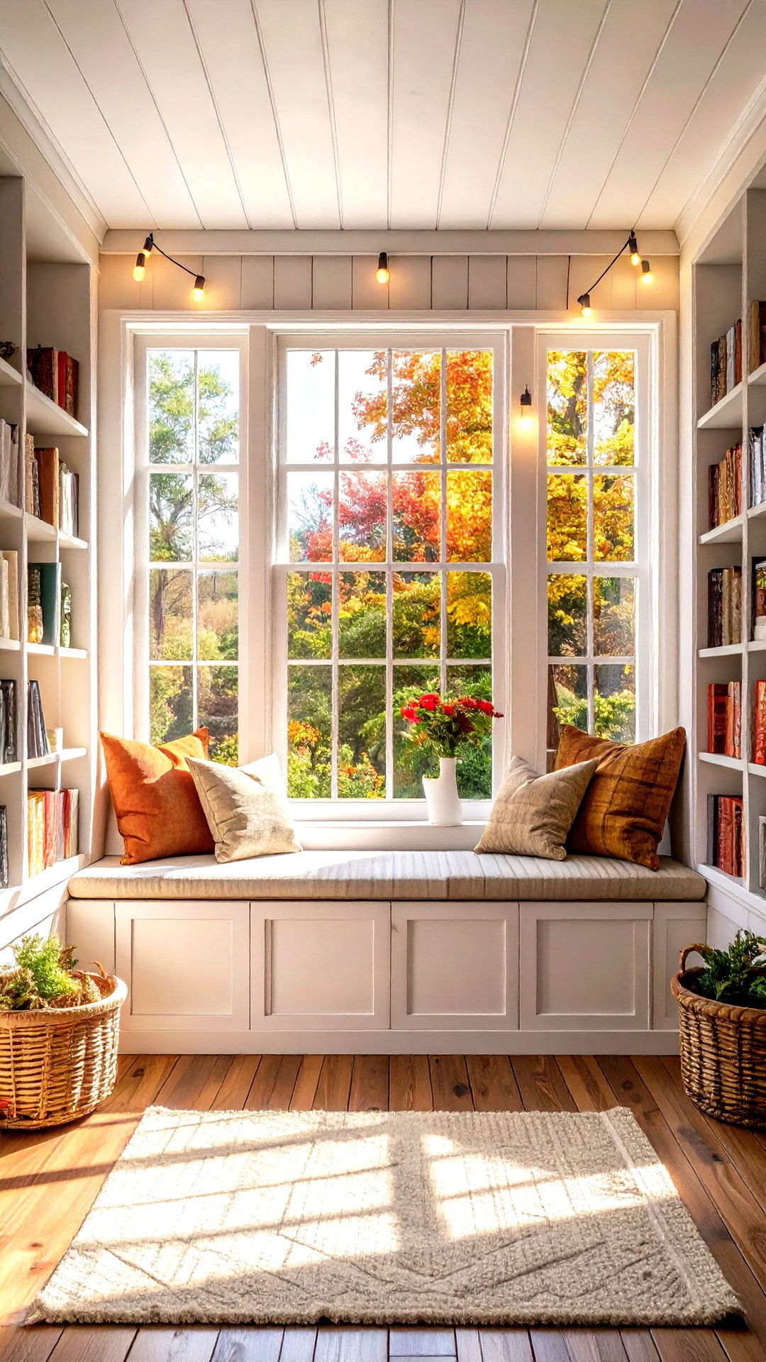 Cottage Bookcase Bench Under a Sunny Window - 25 bookcases around window design ideas