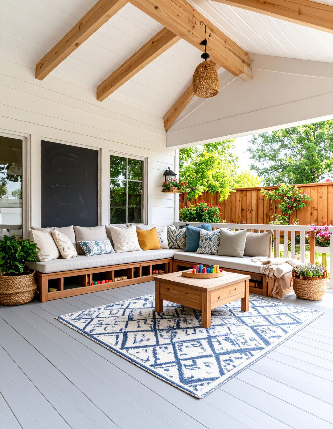 Covered Porch Kids Play Zone with Chalk Wall - 25 covered porch ideas