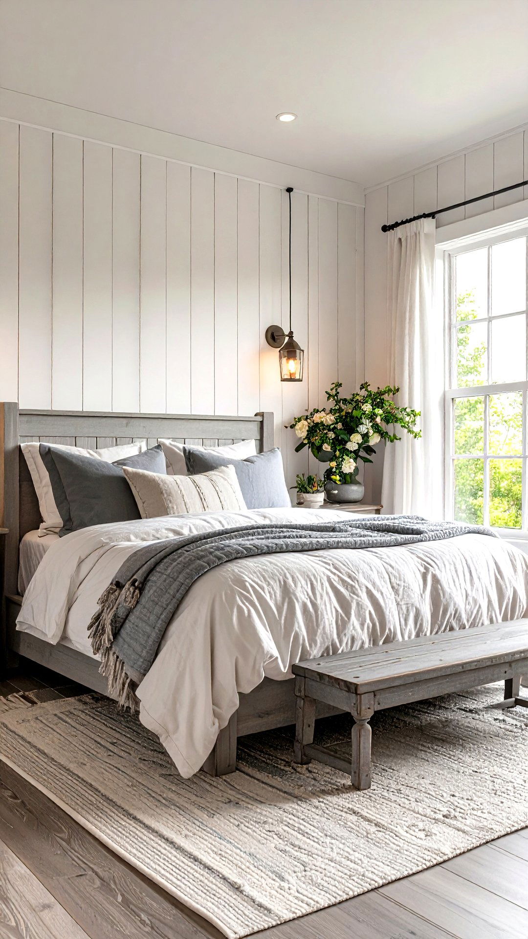 Cozy Farmhouse Grey and White Bedroom with Shiplap - 25 grey and white bedroom ideas