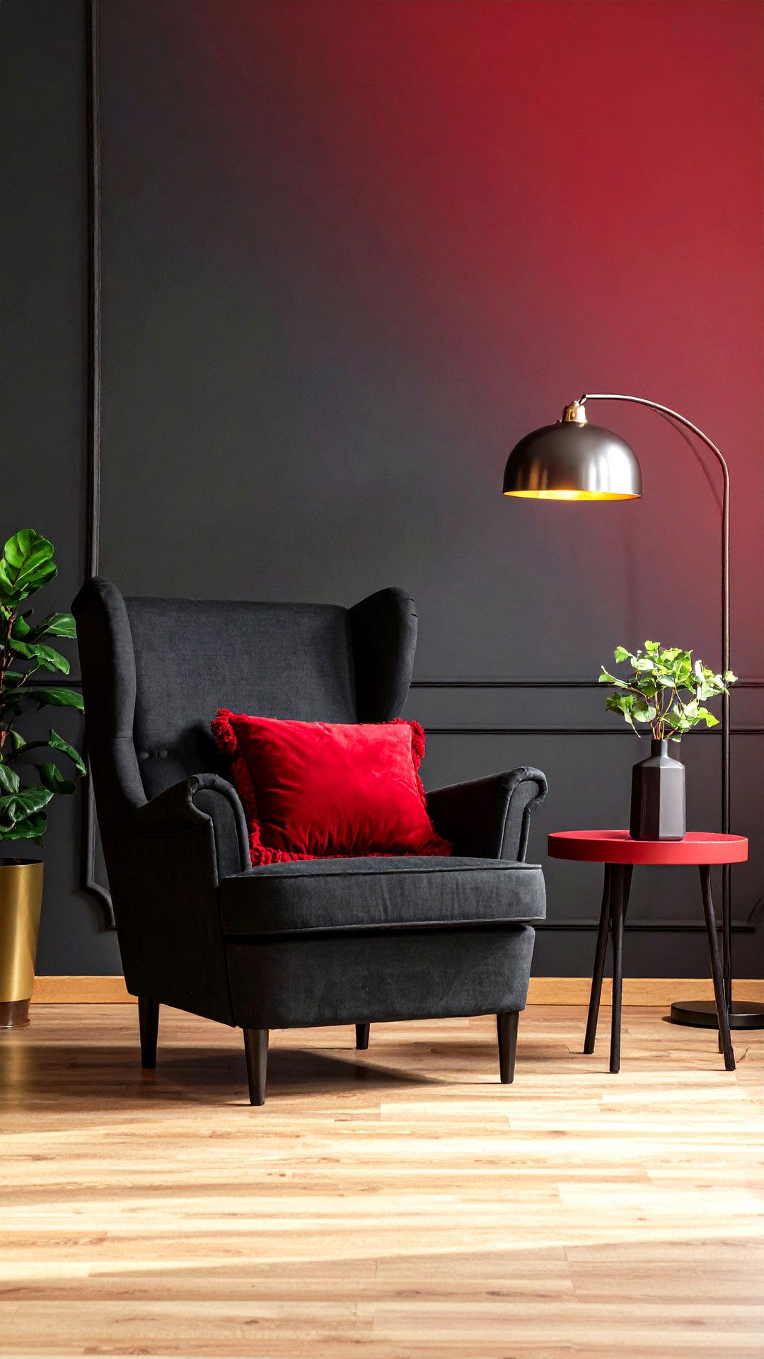 Cozy Living Room Nook with Red Throws on a Black Reading Chair - 25 black and red living room ideas