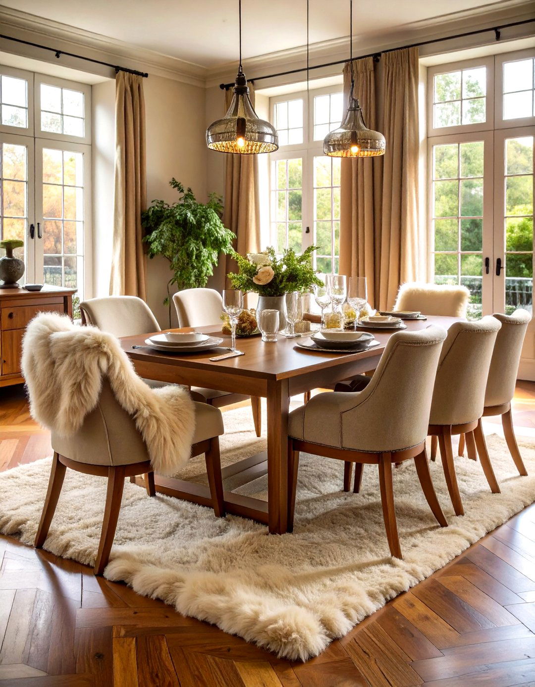 Cozy Sheepskin Throws Draped Over Dining Room Chairs - 25 parisian dining room ideas