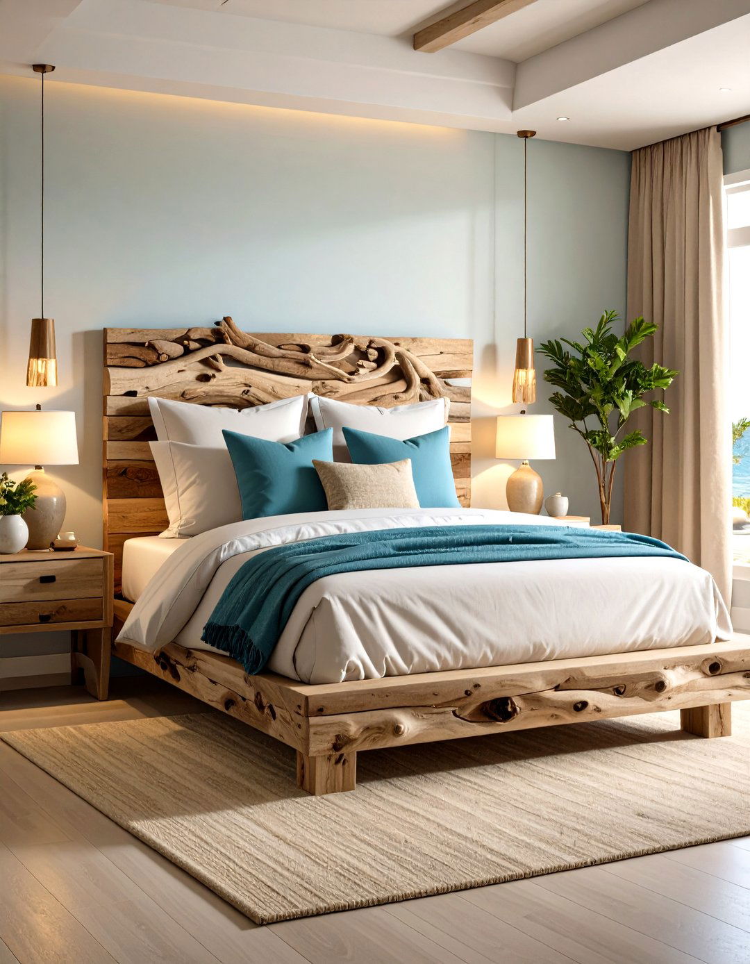 Craft a Statement Driftwood Headboard - 25 ocean-themed bedroom ideas