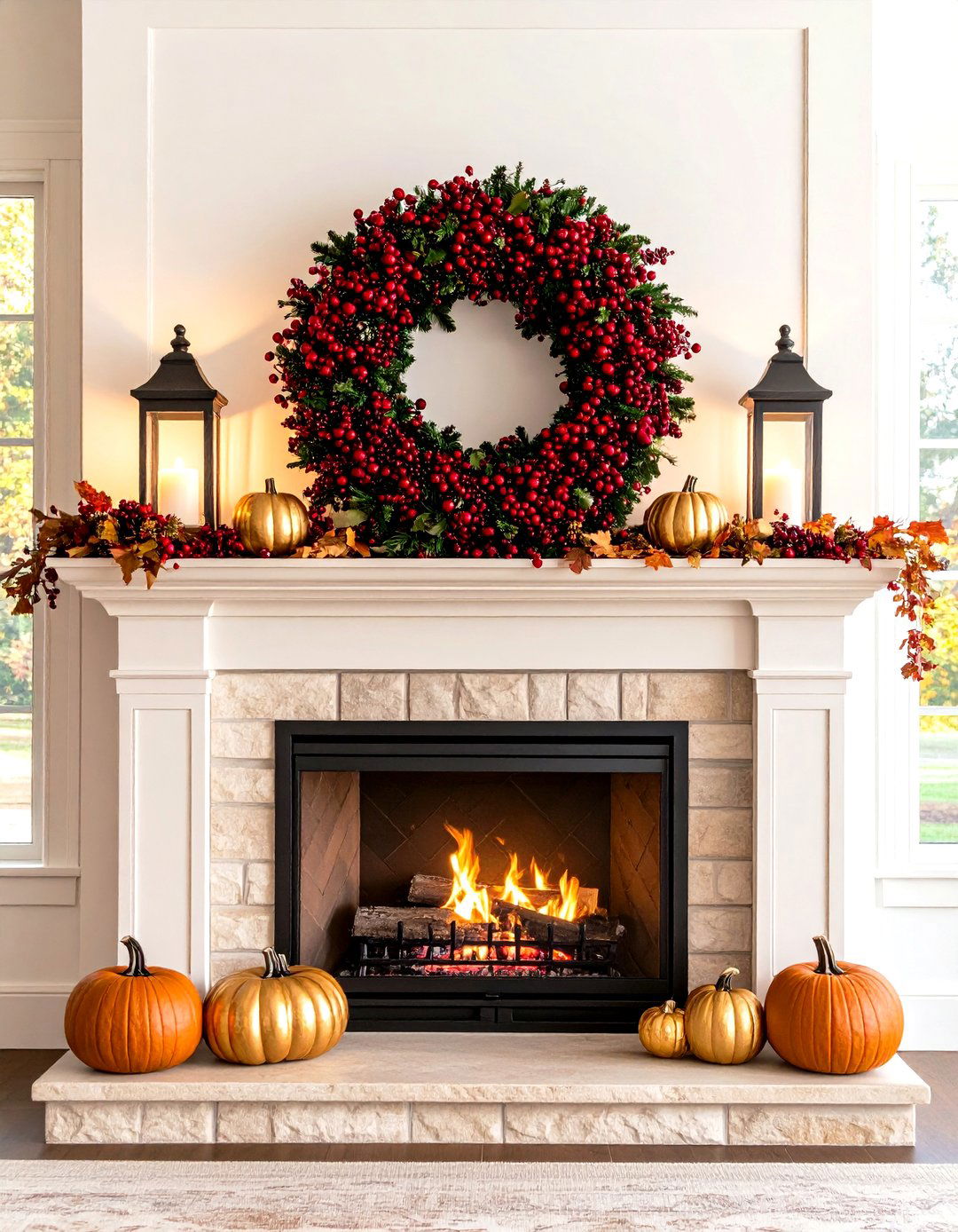 Cranberry Berry Wreath Statement Mantel - 25 fall mantel decor ideas