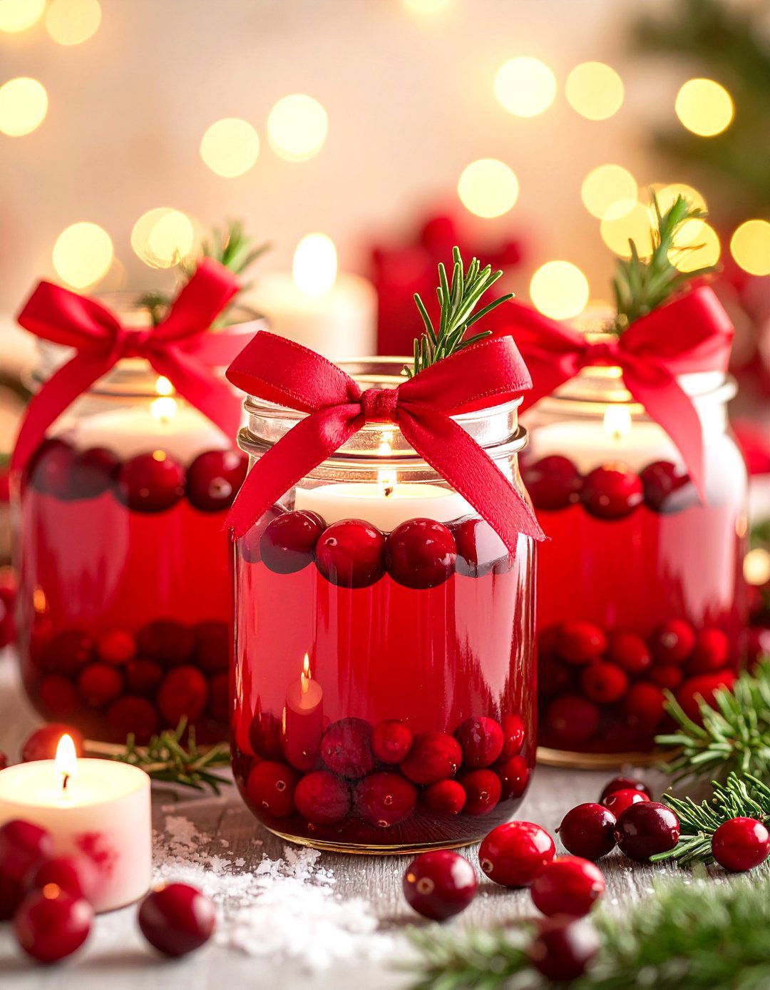 Cranberry Ribbon Candle Jar - 25 mason jar wedding centerpieces