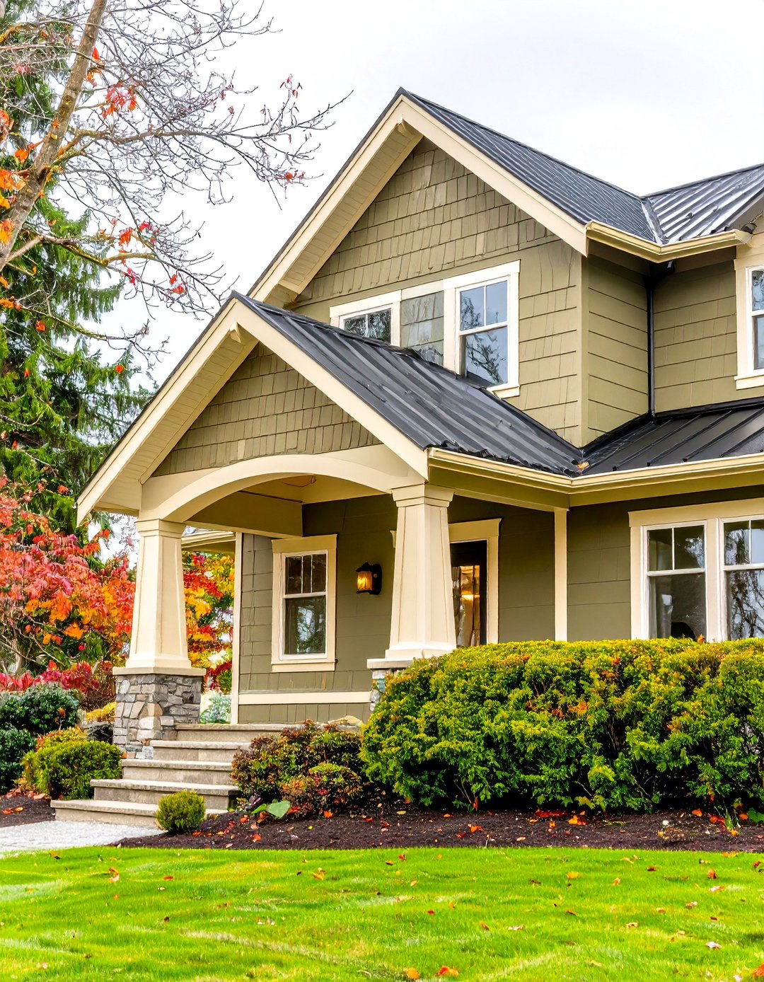 Creamy Contrast Olive Body Ivory Trim and Arched Portico - 25 olive green house exterior ideas