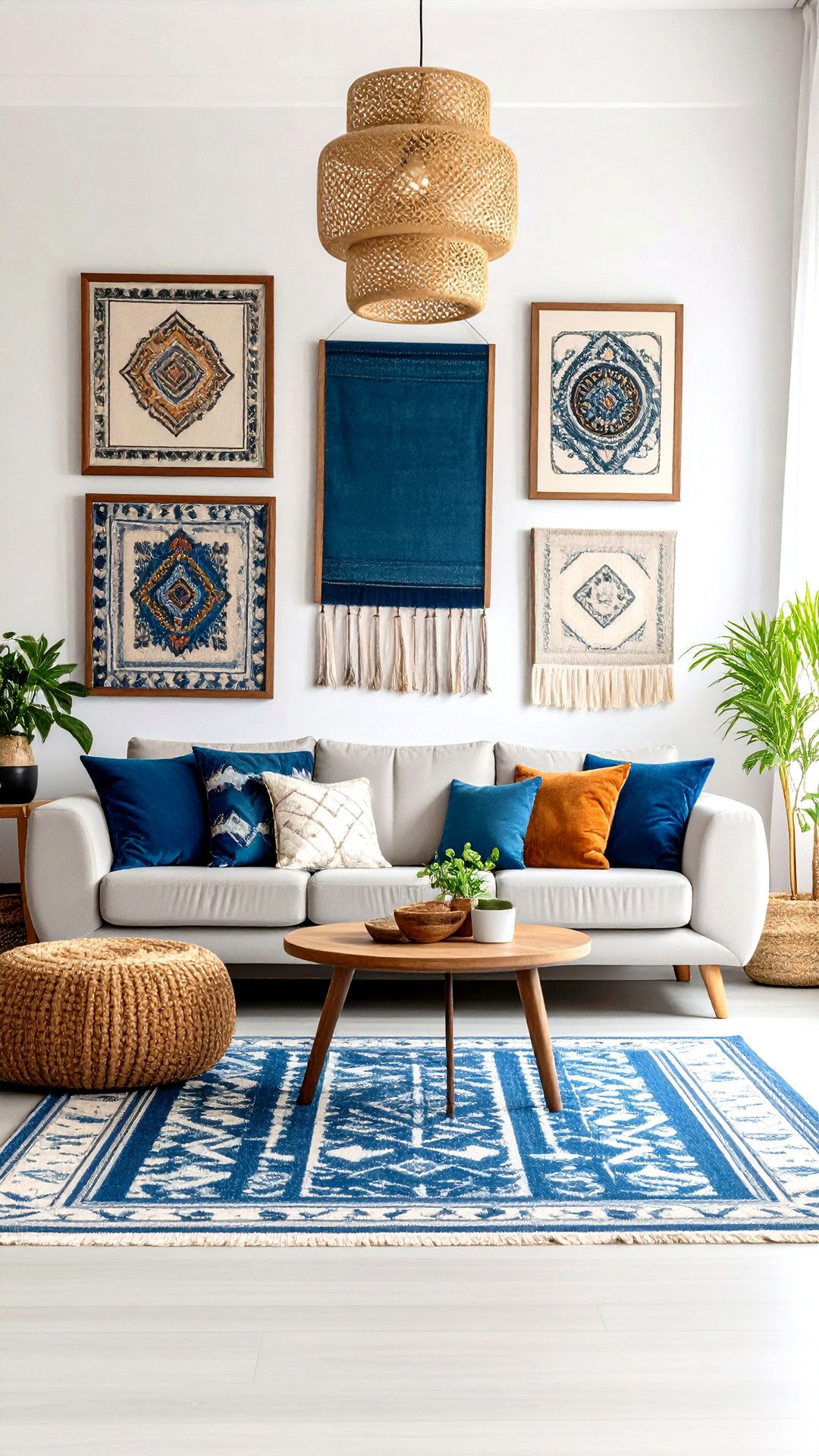 Create a Gallery Wall of Global Textiles in Your Boho Living Room - 25 colorful boho living room ideas