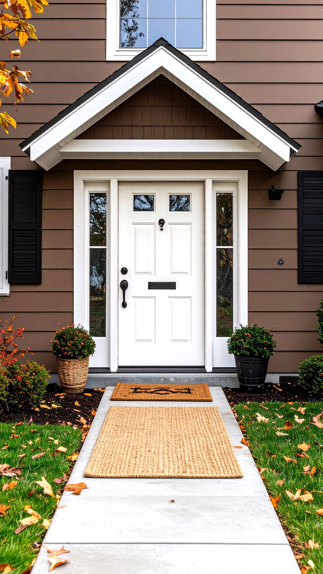 Crisp White Front Door Brightens a Brown House - 25 brown house front door colors