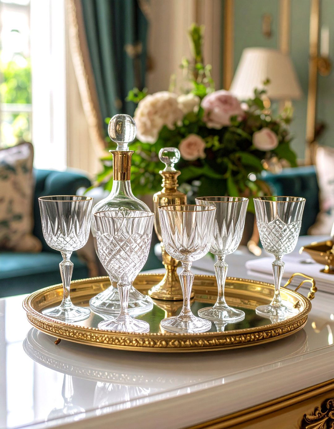 Crystal Decanters and a Bar Tray Encourage Festive Gatherings - 25 parisian-style living room ideas