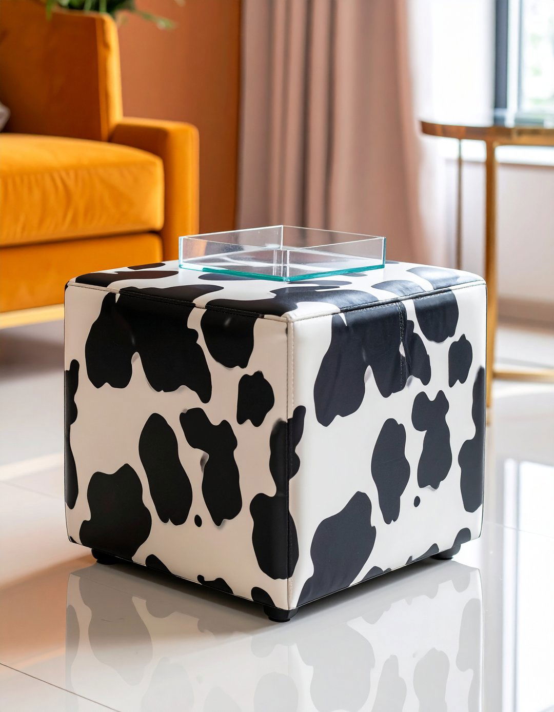 Cube Ottoman Wrapped in Cow Print - 25 cow print room decor ideas