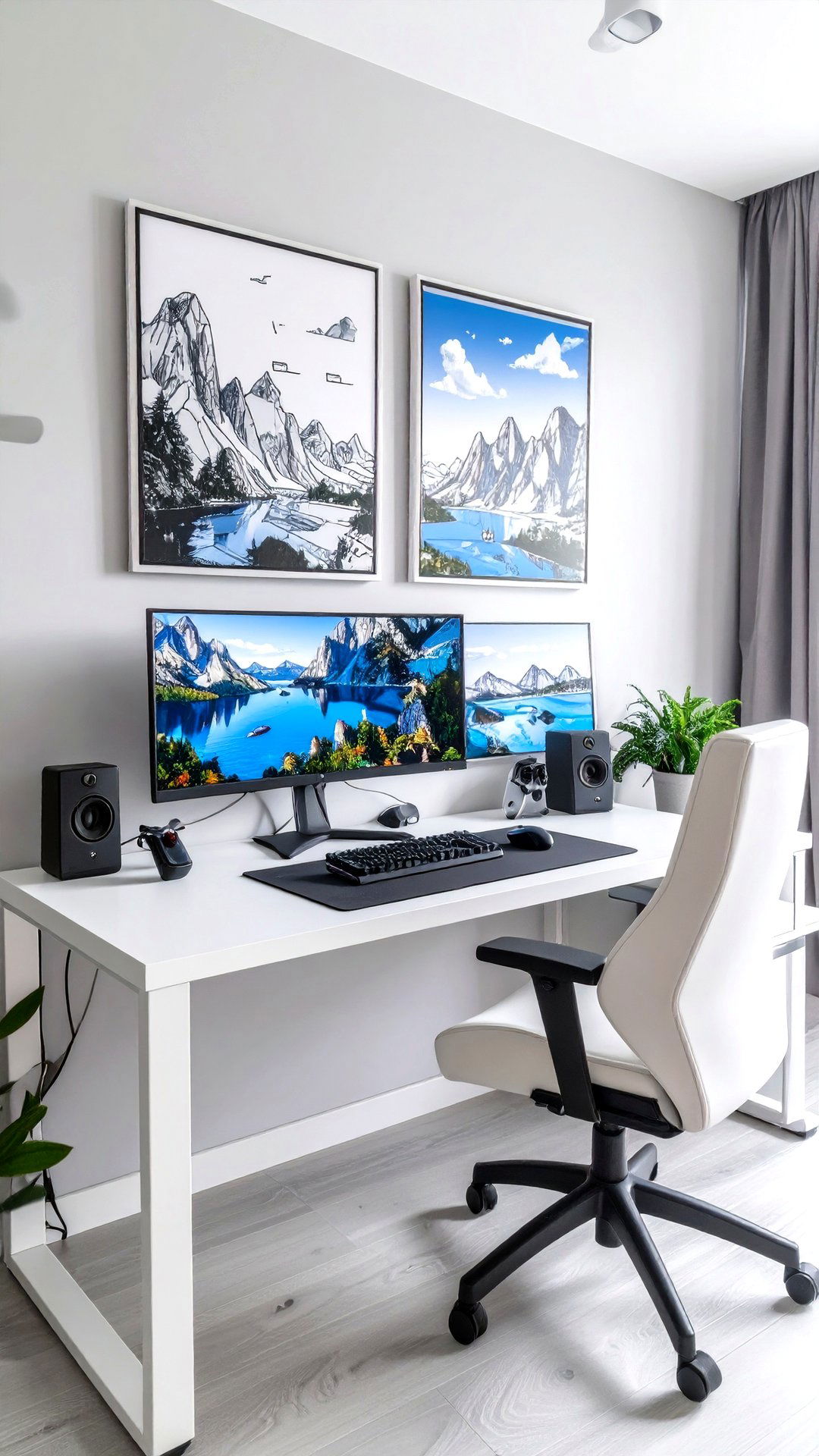 Curated Art Prints in a White Gaming Setup - 25 all white gaming setup ideas