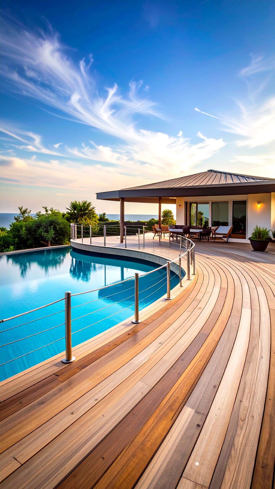 Curved Boardwalk With Cable Railing - 25 above ground pool walkway ideas
