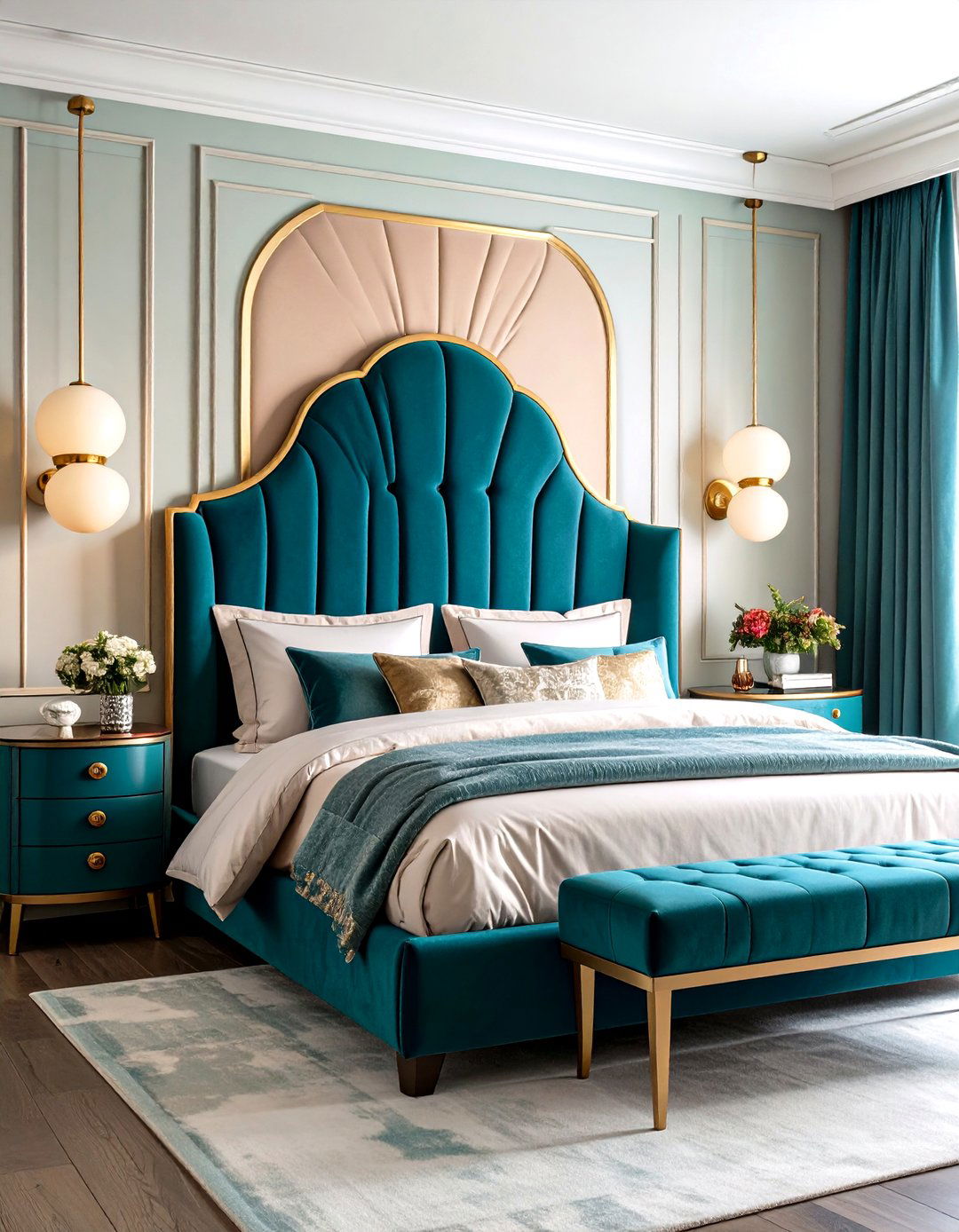 Curved Lines and Arched Headboards Soften an Art Deco Bedroom - 25 art deco bedroom ideas