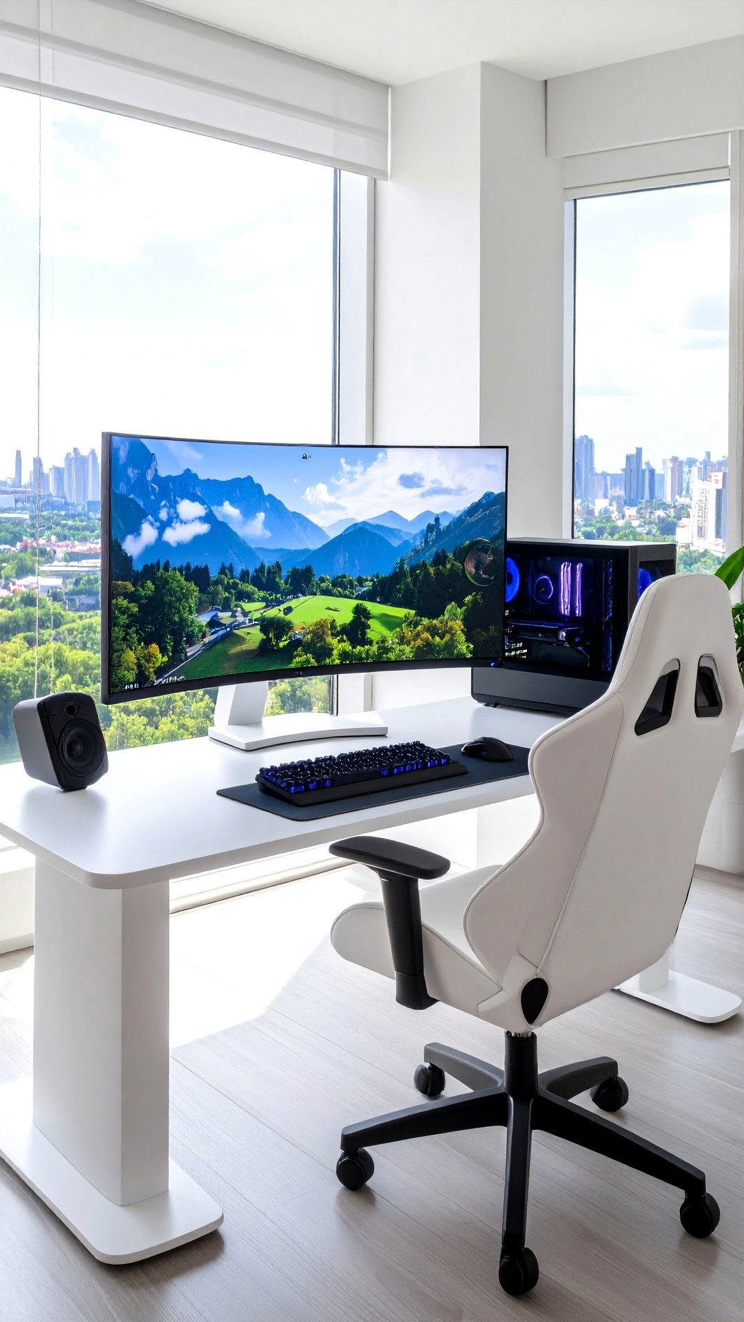 Curved Ultrawide on a White Gaming Setup - 25 all white gaming setup ideas