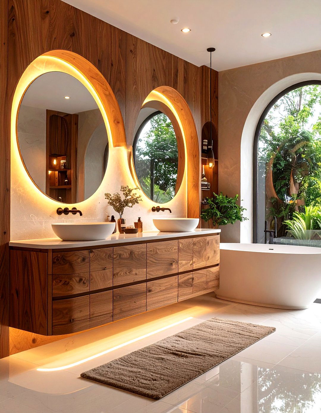 Curved Wood Bathroom Vanity Softens Hard Tile Lines - 25 Wood Bathroom Vanity Ideas